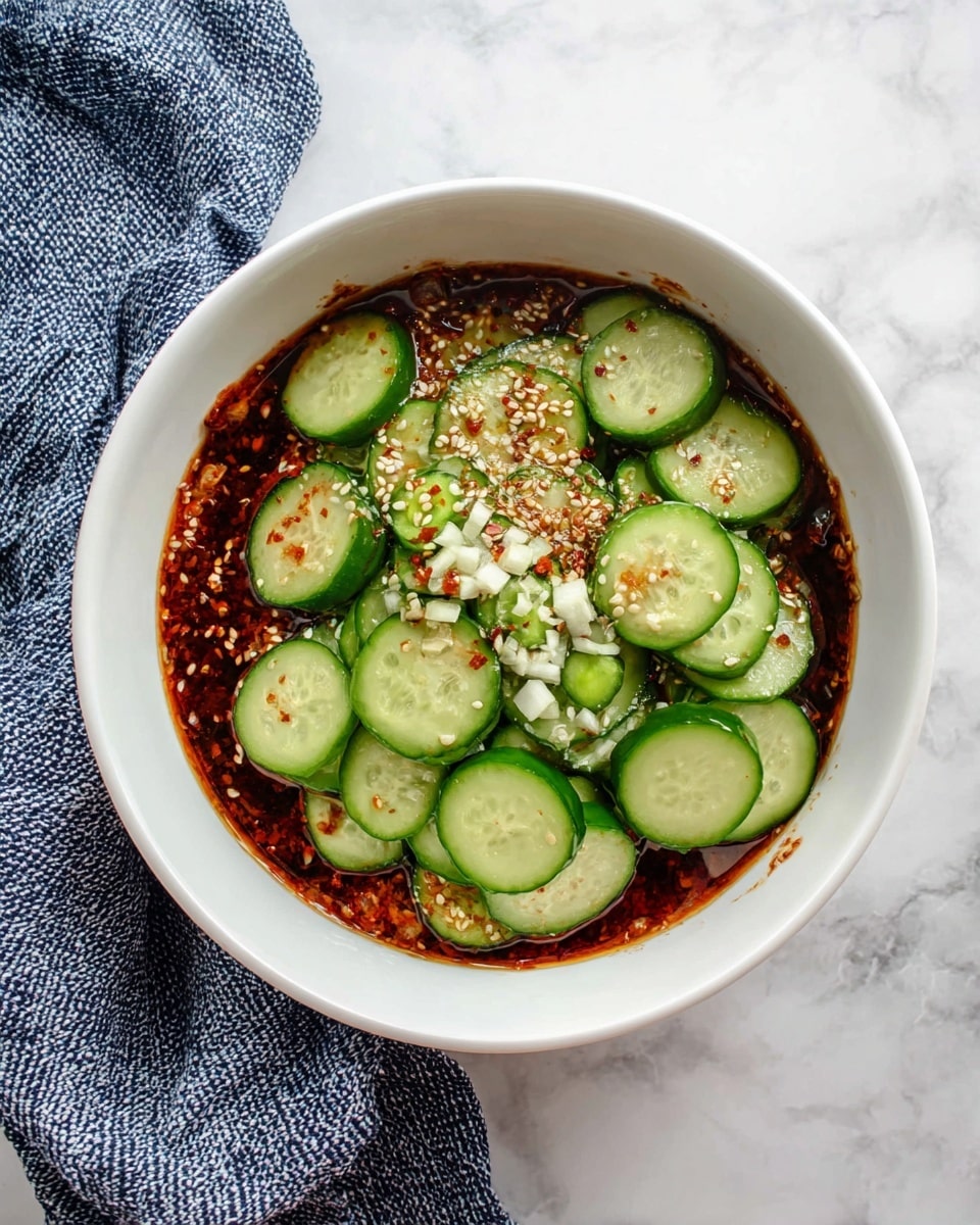 The image shows a white bowl filled with a dark red, oily sauce mixed with sesame seeds and small bits of chili flakes spread evenly across the bottom. On top, there is a generous layer of thinly sliced cucumber rounds, bright green with a fresh crisp texture, spread mostly to one side of the bowl. Small pieces of minced white garlic are sprinkled over the cucumbers. The bowl sits on a white marbled surface with a blue and white woven cloth draped to one side. photo taken with an iphone --ar 4:5 --v 7