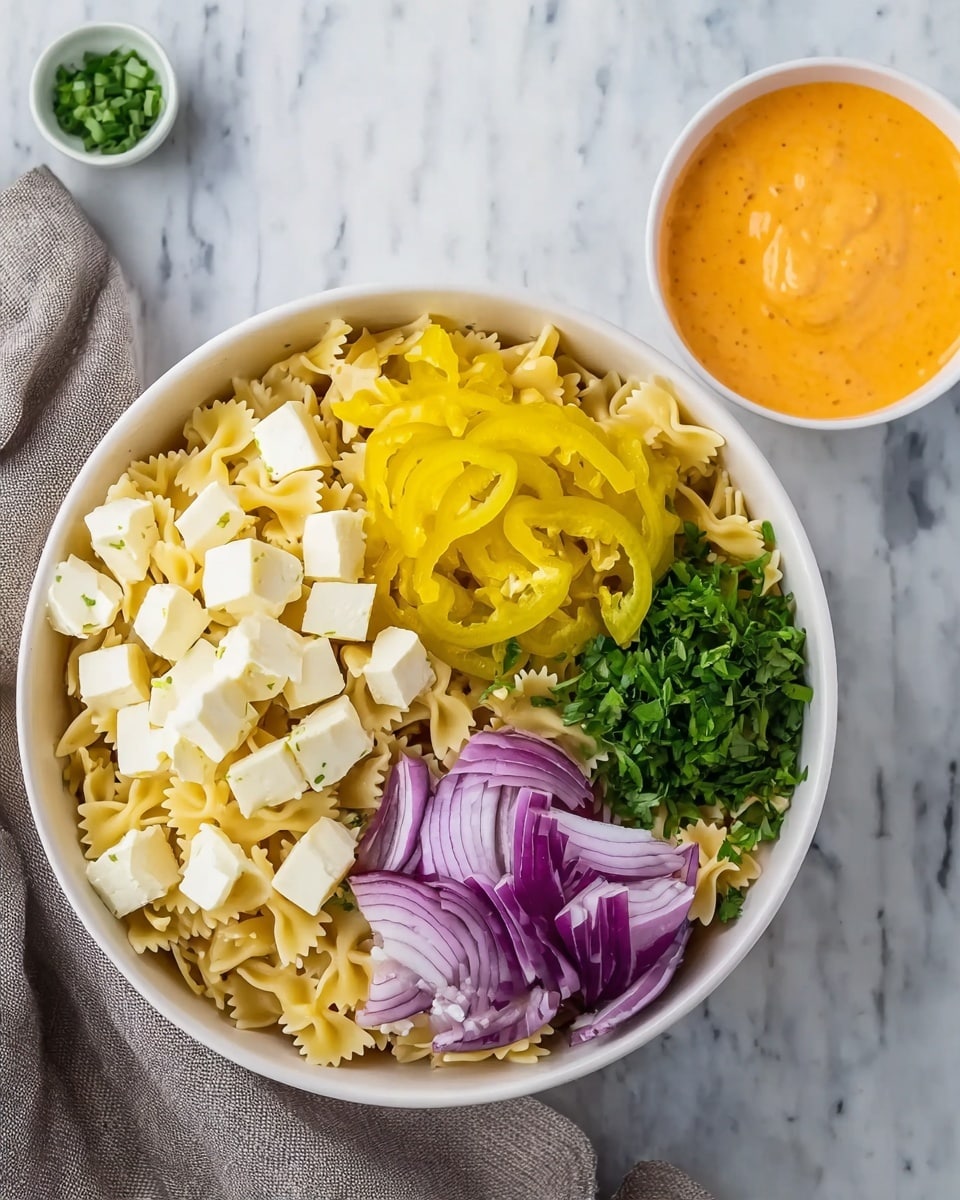 A white bowl filled with five clear sections of ingredients on a base of light golden bowtie pasta, showing a layer of small white cheese cubes on the left, bright yellow sliced pickled peppers at the top, thin purple slices of red onion on the right, bright green chopped herbs at the bottom right, and additional green herbs at the bottom left. Next to the bowl, there is a smaller white bowl with an orange creamy sauce, all placed on a white marbled surface with a grey cloth nearby. Photo taken with an iphone --ar 4:5 --v 7