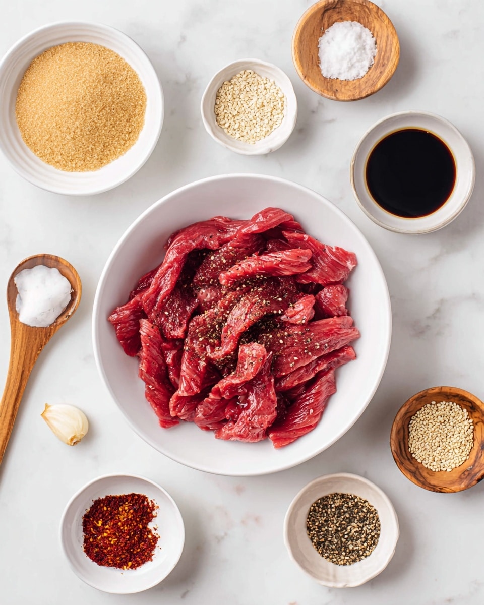 A white bowl filled with raw, red meat strips sprinkled lightly with black pepper, placed on a white marbled surface; around it are small white bowls and wooden dishes holding light brown sugar, a small amount of minced garlic, dark soy sauce, a darker liquid sauce, small red pepper flakes, powdered spices in various shades of brown, and some sesame seeds, all neatly arranged in a flat lay style photo taken with an iphone --ar 4:5 --v 7