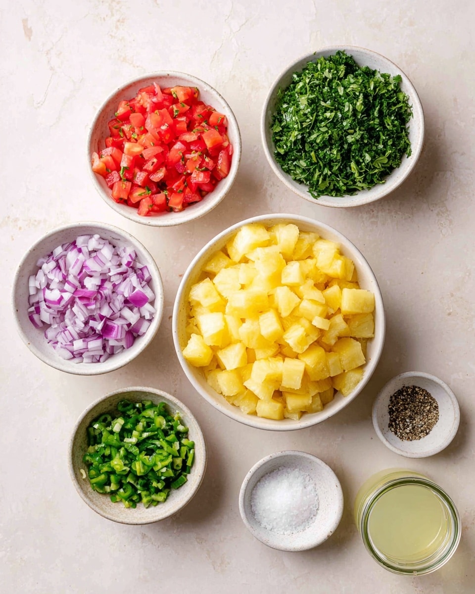 The image shows seven small white bowls and one clear glass jar arranged on a white marbled texture. The largest bowl near the center is filled with yellow diced pineapple pieces. Above it to the right is a bowl of finely chopped green herbs, and to the left is a bowl of finely diced red tomatoes. Below the tomatoes is a bowl with finely diced purple onions, and below the green herbs is a bowl with finely chopped green chili peppers. At the bottom right corner, there is a small white bowl with coarse salt, a smaller bowl with black pepper, and a clear glass jar containing a light yellow liquid, possibly juice. The bowls all have a simple texture and the light is soft and natural. photo taken with an iphone --ar 4:5 --v 7