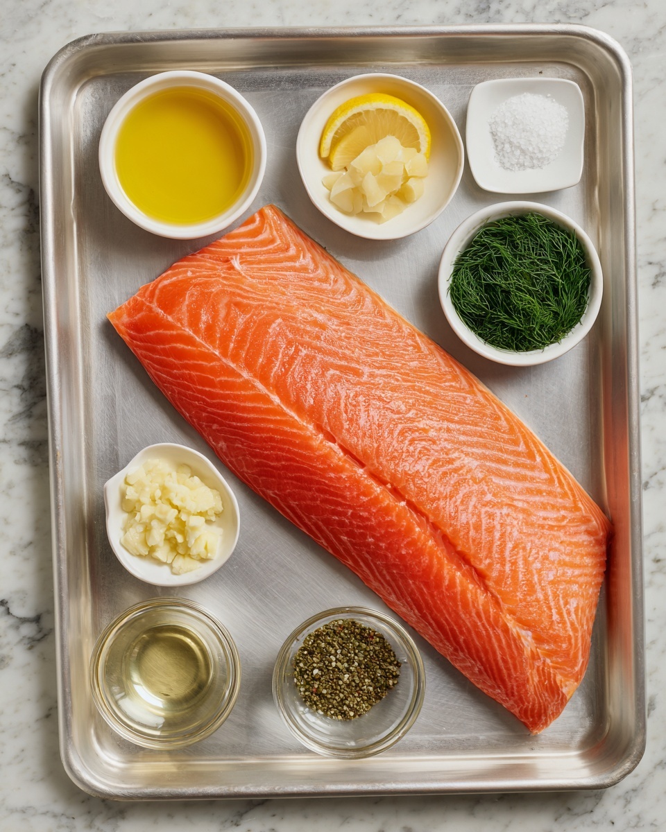 A large, bright orange steelhead trout fillet with visible white stripes is placed on a silver baking tray. Around the fillet, there are six small white bowls arranged neatly: one with thin yellow lemon slices, one with a chunk of light yellow butter, one with minced light beige garlic, one with green fresh dill, one with golden olive oil, and two clear bowls containing black pepper and white salt. The tray is set on a white marbled textured surface. The overall look is clean, fresh, and organized with vibrant colors. photo taken with an iphone --ar 4:5 --v 7