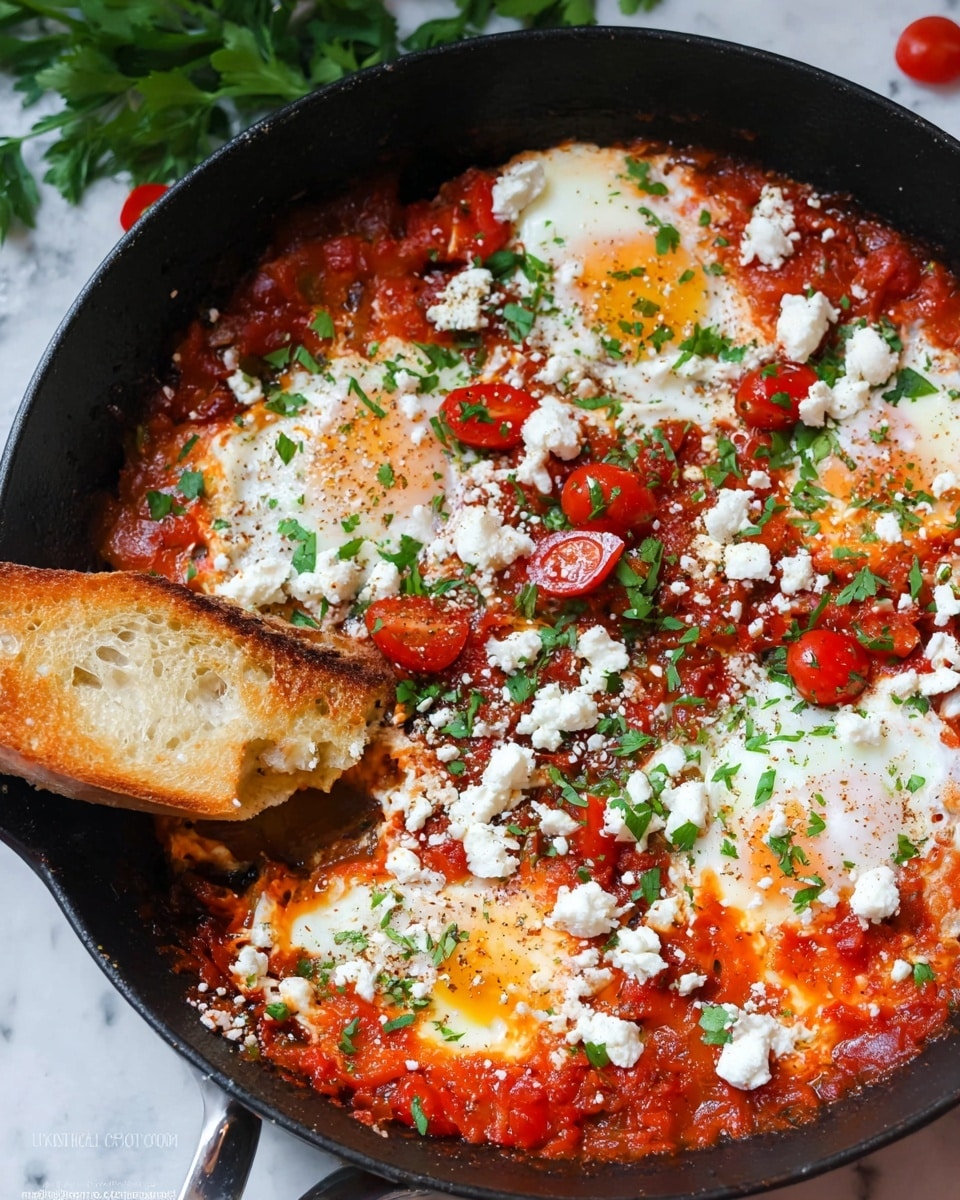 A black pan holds a dish with four cooked eggs placed evenly, each egg surrounded by a rich, chunky red tomato sauce mixed with diced onions. White crumbled cheese is scattered on top along with fresh green chopped herbs and small bright red cherry tomato halves. A piece of golden toasted bread leans into the bottom of the pan, dipping slightly into the sauce. The surface beneath the pan is a white marbled texture with some green herb sprigs in the background. photo taken with an iphone --ar 4:5 --v 7