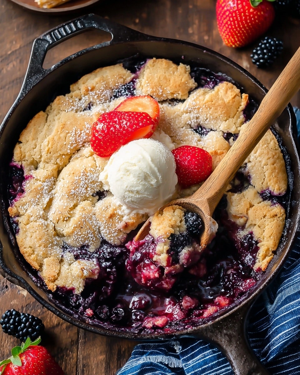 A round skillet holds a fruit cobbler with a golden, cracked crust layer on top, showing some deep purple-red mixed berries peeking through from underneath. In the center, there is a scoop of creamy vanilla ice cream melting slightly, decorated with two bright red strawberries and a single dark blackberry. A wooden spoon is lifting a portion of the cobbler, revealing the berry filling and soft crust inside. The skillet sits on a dark wooden table with blackberries and strawberries nearby, and a blue and white striped cloth peeks in from the bottom right corner. photo taken with an iphone --ar 4:5 --v 7