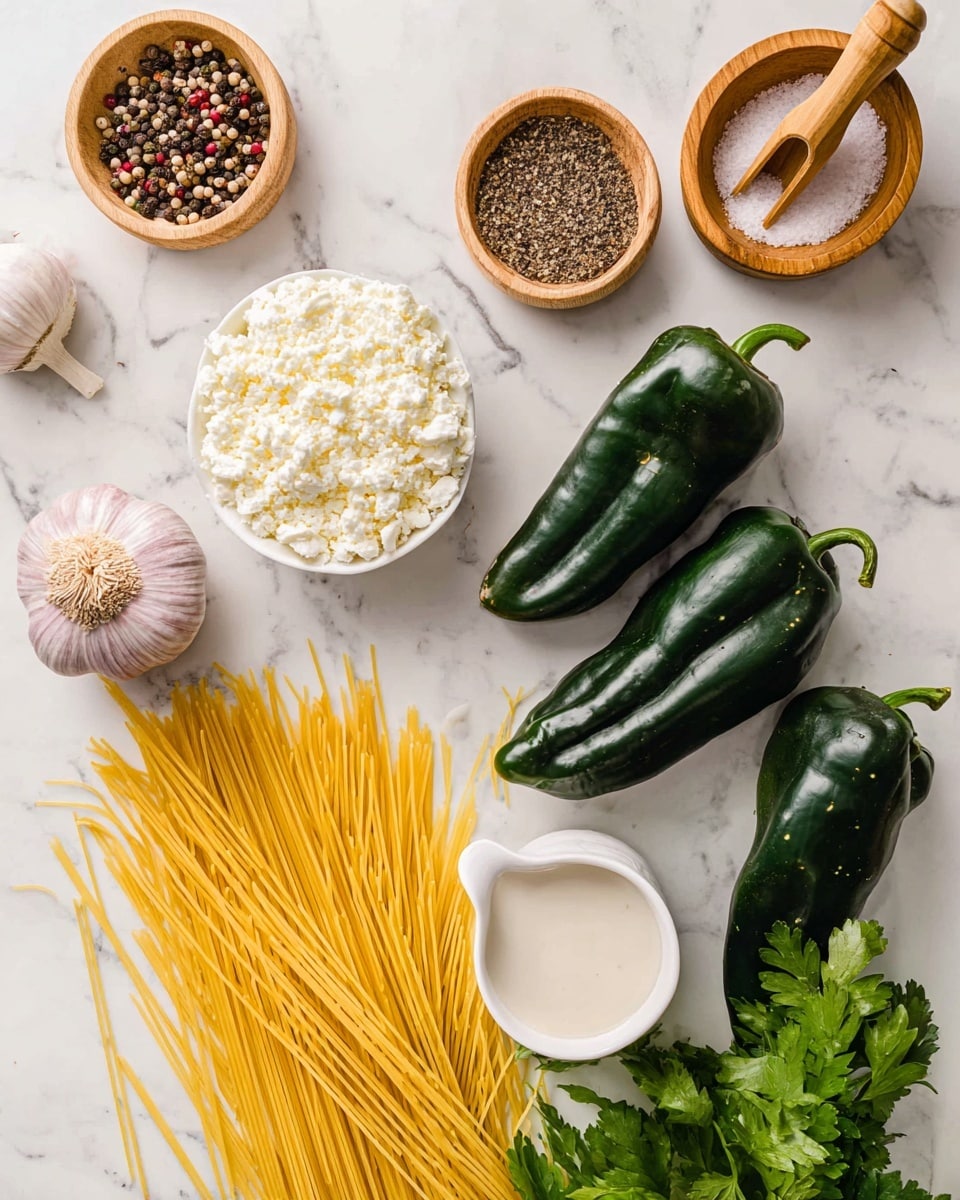 The image shows ingredients on a white marbled surface, including four shiny dark green poblano peppers on the right side, a cluster of uncooked yellow spaghetti noodles lying flat on the left, and a small white bowl filled with crumbly white cheese above the noodles. There are also two wooden bowls, one with coarse white salt and a small wooden scoop, and the other with mixed peppercorns and a similar scoop, near the top left. A bulb of garlic with a white and purple skin rests near the center. Close to the bottom right, there is a small white jug filled with creamy white sauce and some fresh green parsley leaves. The colors are fresh and natural with a clean arrangement. photo taken with an iphone --ar 4:5 --v 7
