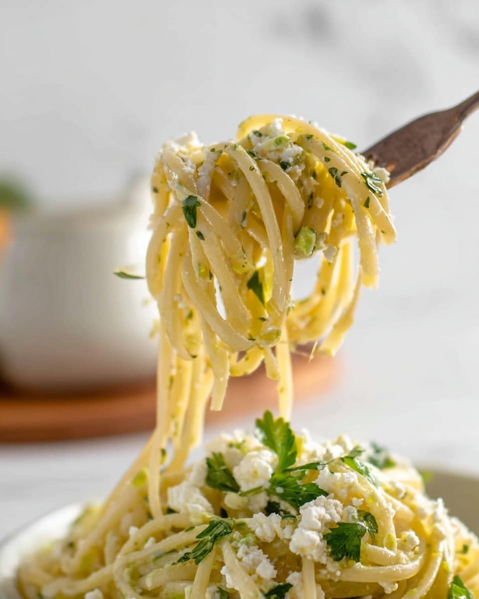 A close-up of a fork lifting a tangle of pale yellow spaghetti strands coated lightly with green herbs and small bits, hovering above a white plate filled with a creamy textured layer of crumbled white cheese and scattered green parsley leaves on a white marbled surface, with a blurred white container in the background, photo taken with an iphone --ar 4:5 --v 7