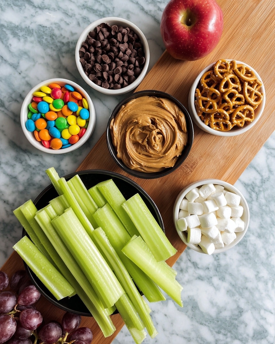 A top view of a food arrangement on a white marbled surface with a wooden board at the bottom left. At the bottom center is a black bowl filled with bright green celery sticks, cut into even pieces and arranged in a fan shape. Above the celery are six small white bowls in a loose circle, each filled with different snacks: rainbow-colored candy pieces in the bottom left bowl, dark chocolate chips in the bottom center bowl, white mini marshmallows in the bottom right bowl, light brown pretzels with salt crystals in the middle right bowl, smooth brown peanut butter with swirled texture in the center bowl, and dark brown raisins in the middle left bowl. Near the top right corner, there is a bunch of purple grapes, and near the top center, there is a whole red and yellow apple. photo taken with an iphone --ar 4:5 --v 7