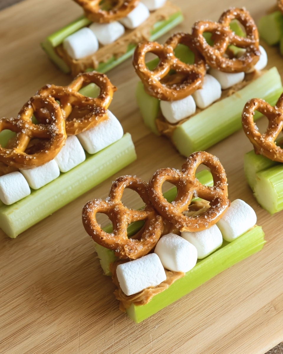 The image shows several celery sticks laid out on a wooden board, each filled with a smooth, light brown layer of peanut butter. On top of the peanut butter, there are different toppings: some celery sticks have dark, wrinkled raisins lined up, while one has red grapes clustered on one end with two small chocolate pieces beside them. Around the celery sticks, loose raisins are scattered on the board. The background surface under the board has a soft, pale blue color with a slightly textured look. photo taken with an iphone --ar 4:5 --v 7