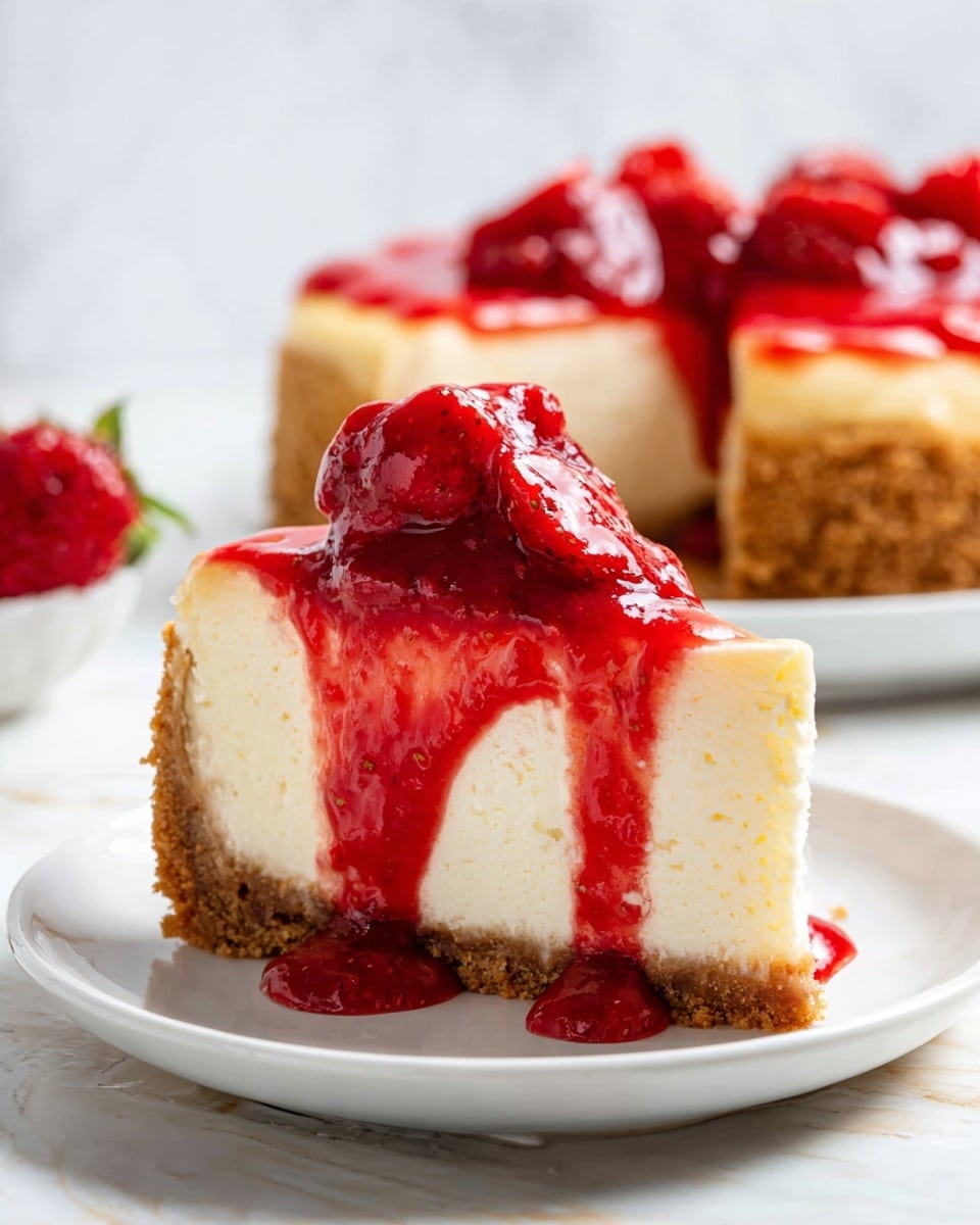 A thick slice of creamy cheesecake with a crumbly golden brown base sits on a white plate, topped with thick, glossy red strawberry sauce that drips down the sides. The sauce has whole strawberry pieces visible, adding texture and a pop of color. Behind it, the remaining cheesecake on a white plate is partially visible, with the same rich red sauce spilling slightly over the edge. The background features a soft white marbled texture, creating a bright and clean look. photo taken with an iphone --ar 4:5 --v 7