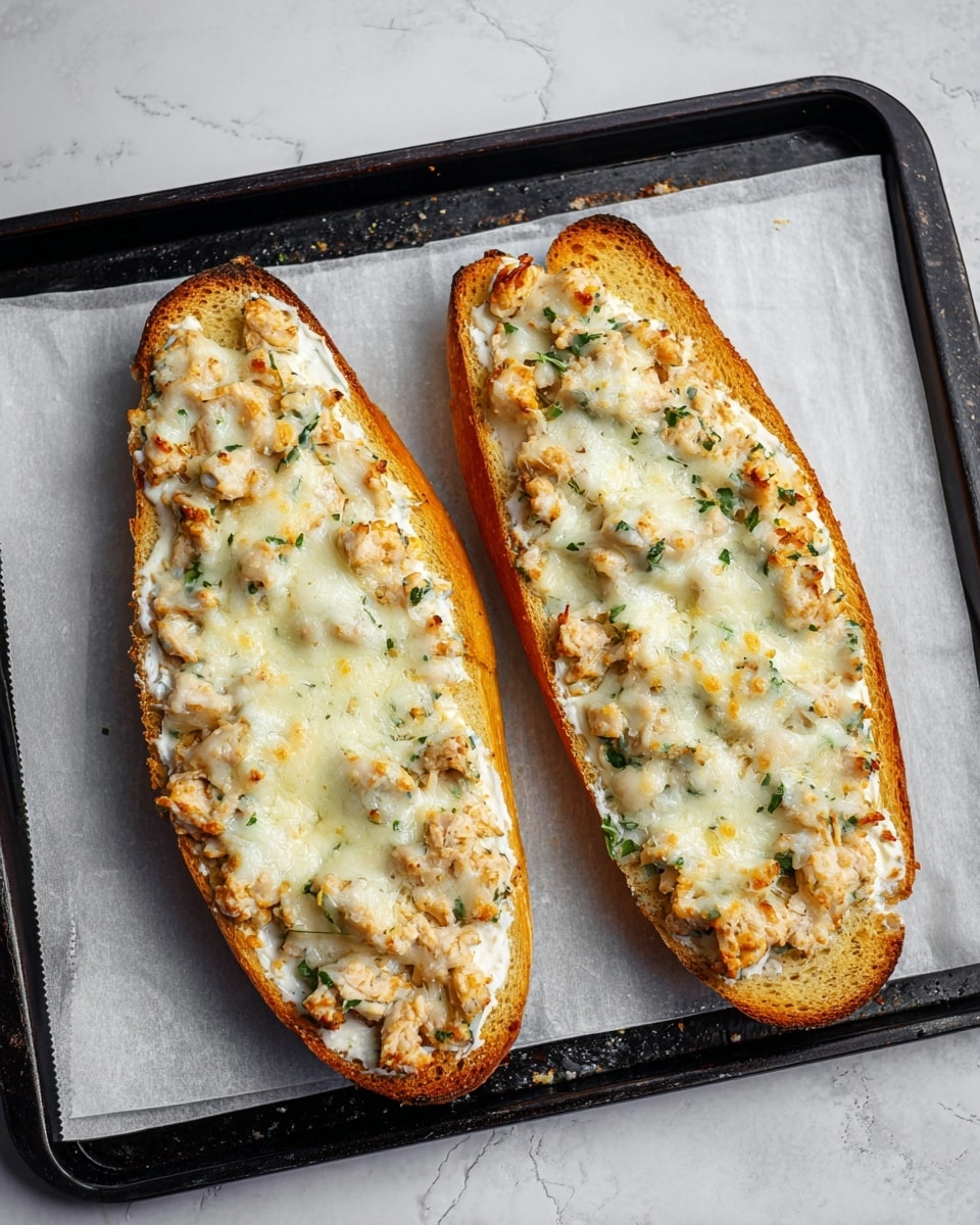 The image shows two long pieces of toasted bread placed side by side on a black baking tray lined with white parchment paper, all set on a white marbled surface. Each bread piece is topped with a thick, creamy mixture that has small chunks of light brown textured filling, likely some kind of cooked poultry, mixed with fresh green herbs. This mixture is covered with a layer of melted, slightly browned white cheese that spreads unevenly over the filling. The edges of the toasted bread are golden brown and crispy, with some slight bubbling from the melted cheese on top. Photo taken with an iphone --ar 4:5 --v 7