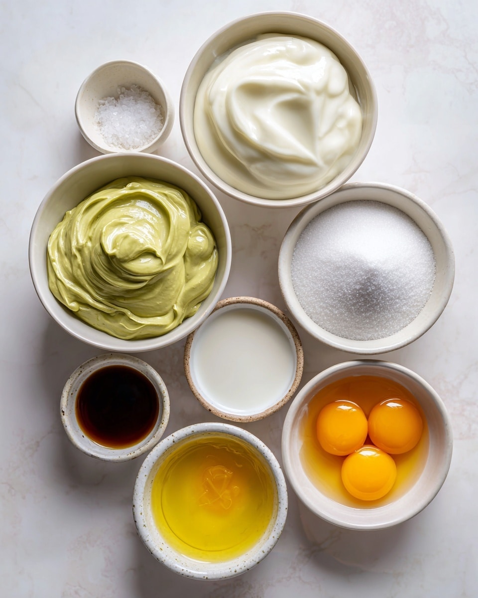 The image shows eight white bowls on a white marbled surface, each with a different ingredient. At the top center is a bowl filled with smooth heavy cream, which is white and shiny. Below it and slightly to the left is a larger bowl holding thick pistachio cream with a smooth, swirled texture and a green color. To the right of the pistachio cream is a bowl filled with white sugar, which has a fine granulated texture. Below the sugar bowl, a bowl holds whole milk, creamy and white. Directly below the pistachio cream bowl, there is a bowl containing bright yellow-orange egg yolks, smooth and glossy. To the left of the yolks is a small bowl with a dark brown vanilla liquid, smooth and reflective. Above the vanilla, a tiny bowl contains white salt with a fine crystal texture. The bowls are arranged close together but in a casual spread, all on a white marbled surface. photo taken with an iphone --ar 4:5 --v 7