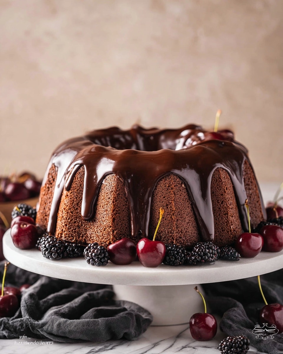 A bundt chocolate cake with a rich, shiny dark chocolate glaze dripping down its sides, sitting on a white cake stand. The cake has a textured, slightly rough brown surface underneath the smooth chocolate glaze. Around the base of the cake and on the white marbled surface are fresh whole cherries with stems and small blackberries scattered for decoration. A dark cloth is draped casually under the cake stand, adding contrast to the light background. photo taken with an iphone --ar 4:5 --v 7