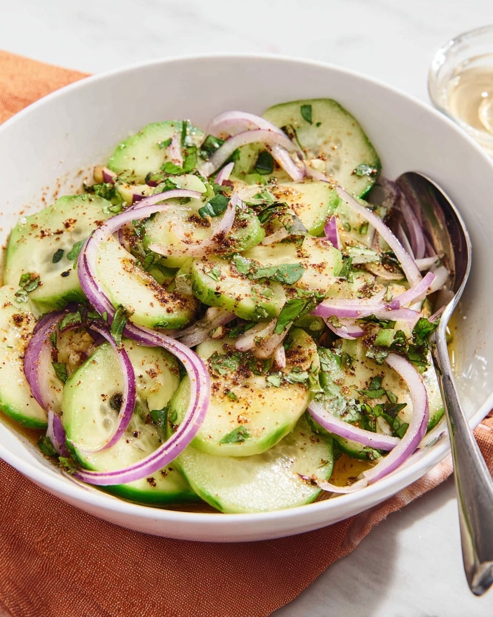 A white bowl holds a fresh cucumber salad with three clear layers: the bottom layer is light green cucumber slices, peeled thinly with a smooth, wet look; the middle layer is thin rings of purple and white red onion scattered unevenly, with a crisp texture; the top layer is a mix of chopped green herbs and sprinkled brown spice powder, giving a leafy and dusty appearance over the vegetables. A silver fork touches the edge of the bowl, and the bowl sits on a white marbled surface with a soft orange cloth nearby. photo taken with an iphone --ar 4:5 --v 7