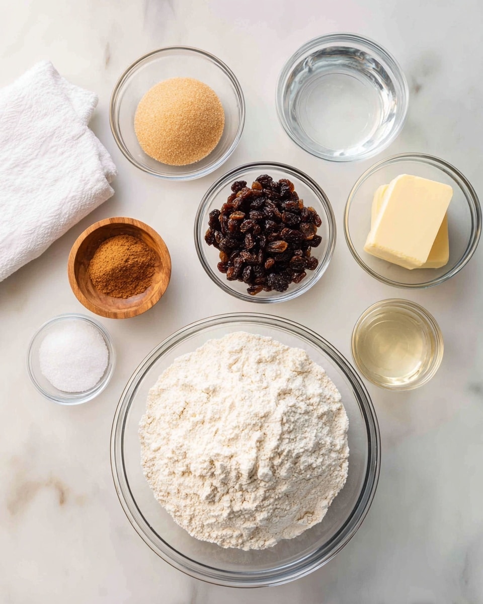 The image shows a large clear glass bowl filled with a flour-like white powder at the bottom center on a white marbled surface. Above it, there are six smaller clear glass bowls arranged in a semi-circle. From left to right, the bowls contain light brown soft sugar, white granulated sugar, dark brown raisins, a light yellow block of butter, clear water, and a foamy, off-white mixture. Between the clear sugar and raisins, there is a small wooden bowl filled with light brown powder, likely cinnamon. A white cloth is visible in the upper left corner. The whole setup is on a white marbled surface, giving a clean and simple look. Photo taken with an iphone --ar 4:5 --v 7