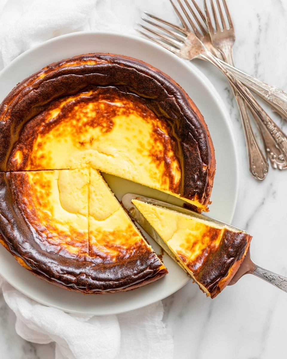 The image shows a thick, creamy cake with two layers: a slightly burnt dark brown top layer and a pale yellow, smooth bottom layer that looks soft and dense. One large slice of the cake is placed on a clean white plate in the front, with the cake’s remaining part blurred in the background on a white plate. Another smaller slice sits on a white plate to the right side. The scene is set on a white marbled tabletop with soft, natural light highlighting the texture of the cake surface. photo taken with an iphone --ar 4:5 --v 7