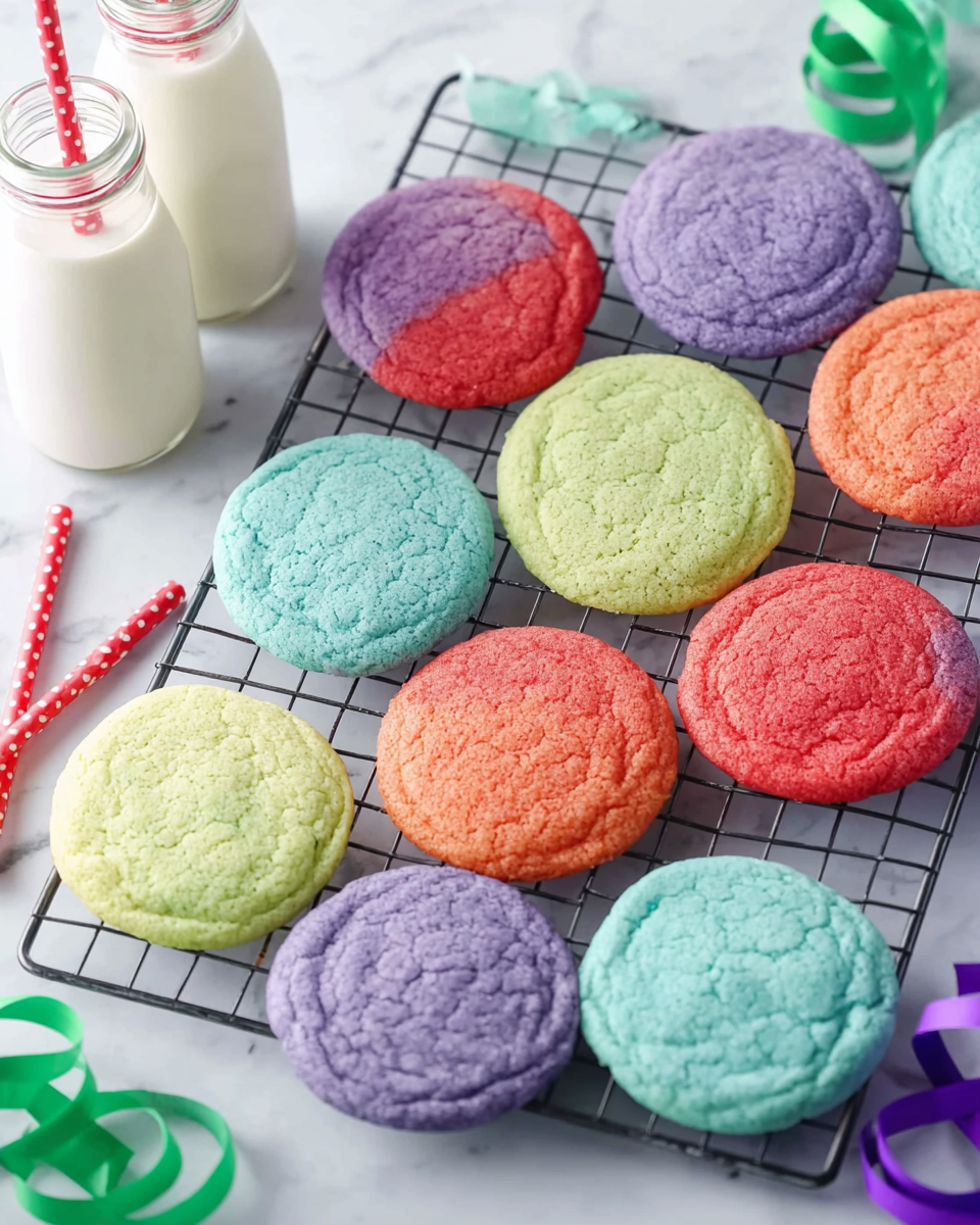 A wire cooling rack holds eleven round cookies, each a solid bright color with a soft, slightly crumbly texture; there are three purple cookies, three red-orange, three light blue, and two light green. The cookies are spread out on the rack, which rests on a white marbled surface. In the background, two glass milk bottles with red-and-white striped straws are visible, along with colorful curled ribbons in green and purple. The photo was taken with an iphone --ar 4:5 --v 7