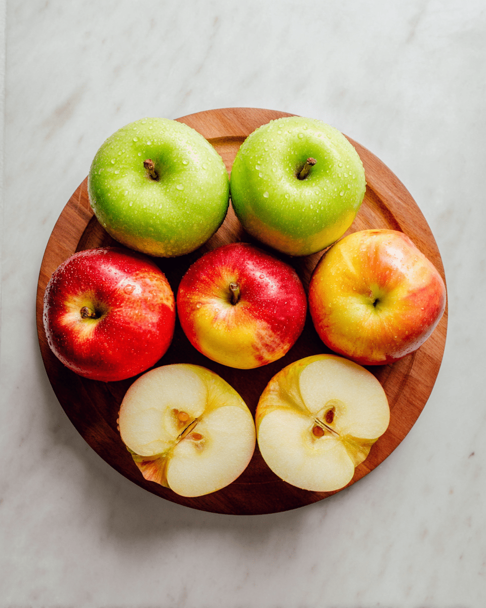 A round wooden board sits on a white marbled surface, holding a group of apples arranged in layers. The bottom layer has two halved apples showing their creamy light yellow inside and dark seeds. Above them are three whole apples, two red with yellow touches, and one yellow-red apple with smooth skin. At the top are two green apples with small water droplets on their shiny skin and short brown stems. Everything is centered on the round wooden board. photo taken with an iphone --ar 4:5 --v 7