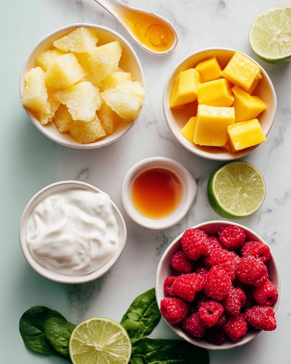 The image shows several small white bowls with different frozen fruits and ingredients on a white marbled surface. In the top right bowl, there are bright yellow frozen mango cubes, sugar sprinkled on top. The bottom left bowl contains pale yellow frozen pineapple pieces with a similar sugar texture. At the bottom center, another white bowl holds bright red frozen raspberries, looking fresh and slightly frosted. Near the center, a small white bowl has white yogurt or cream, thick and smooth. Next to it, a small white bowl holds golden honey. Around the bowls, there are three lime halves and a few dark green spinach leaves scattered. A white spoon with some honey rests above the bowls. photo taken with an iphone --ar 4:5 --v 7