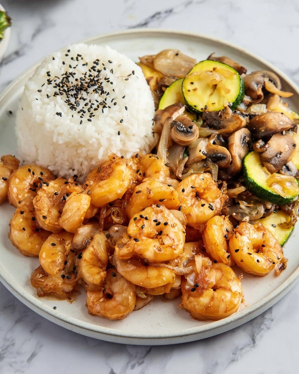 This dish is served on a round white plate placed on a white marbled surface. The plate has three main sections: on the left, there is a neat mound of white rice topped with small black sesame seeds; in the back right section, light brown sautéed mushrooms mixed with translucent sautéed onions and a few yellow slices of cooked zucchini; and filling most of the front right side, a pile of orange shrimp, slightly shiny with a sauce, also sprinkled with black sesame seeds. The different textures of the shrimp, mushrooms, onions, and zucchini combine with the smooth rice, creating a colorful, inviting look. Photo taken with an iphone --ar 4:5 --v 7