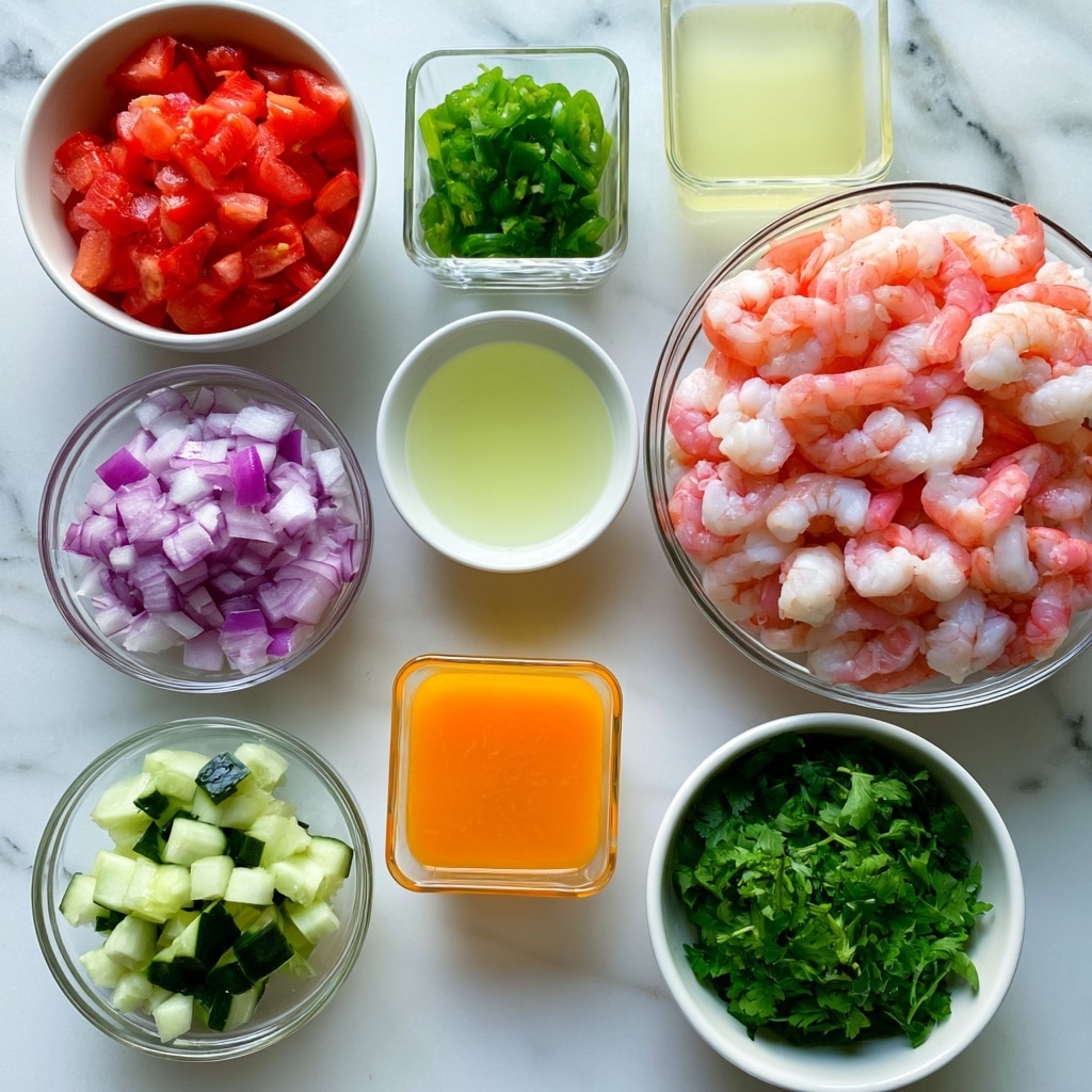 The image shows nine different ingredients placed on a white marbled surface in clear or white bowls. At the top left, there is a white bowl filled with red chopped tomatoes. Next to it, a small clear square bowl holds bright green chopped jalapenos. Below the jalapenos and tomatoes, a clear round bowl contains diced purple onions. In the center, a small white bowl holds pale yellow lime juice. To the right of the lime juice, a large clear bowl is filled with pink and white cooked shrimp. Below the lime juice, a small clear square bowl has orange juice with a bright orange color. On the bottom left, a clear round bowl is filled with small pieces of light and dark green cucumber. At the bottom right, a white bowl contains chopped fresh green cilantro. Above the orange juice and cilantro, a clear square bowl holds light yellow lemon juice. Everything is neatly arranged and the colors of the ingredients contrast well with the white marbled surface photo taken with an iphone --ar 4:5 --v 7