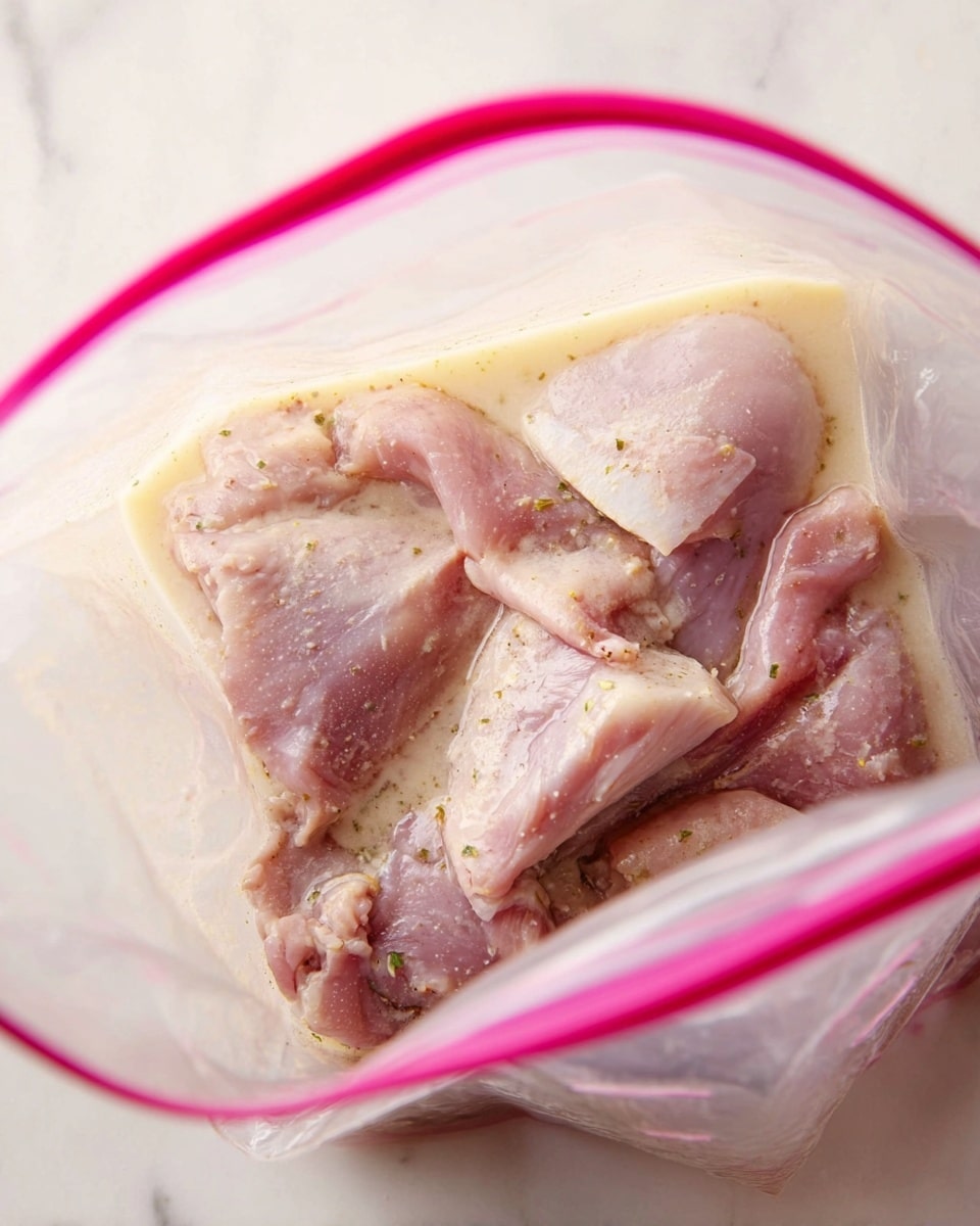 Inside a clear plastic bag with a pink zipper, there are several pieces of raw chicken skin on, soaked in a pale creamy marinade with small green herbs and some tiny lumps visible. The chicken pieces show a mix of light pink and pale purple shades with a slightly wet, shiny texture. The bag is placed on a white marbled surface with soft natural light highlighting the raw, moist meat and the creamy liquid around it. photo taken with an iphone --ar 4:5 --v 7