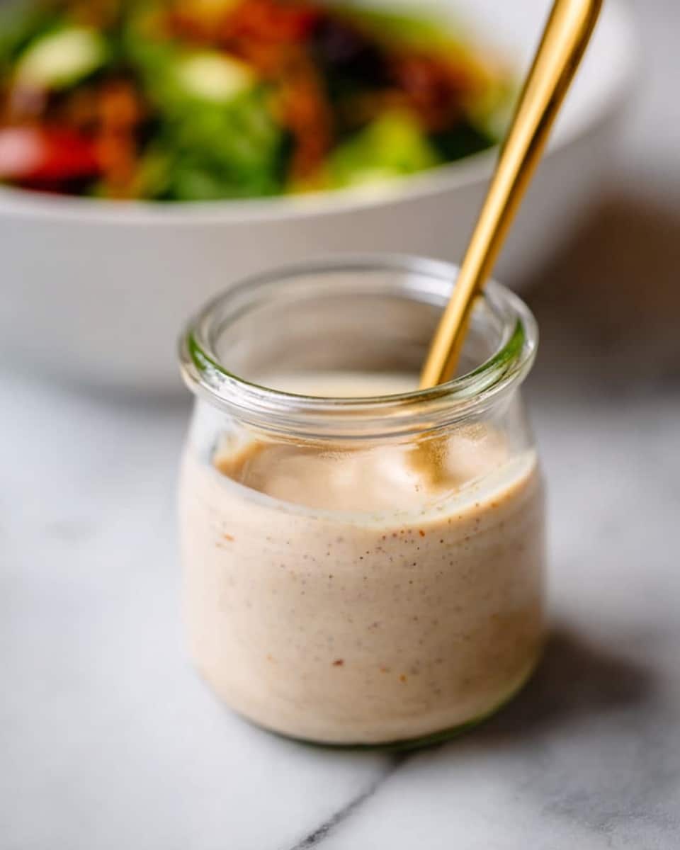 A small clear glass jar filled with creamy light beige sauce that has tiny dark specks throughout, a gold spoon rests inside the jar. The jar is placed on a white marbled surface, and in the background, there is a blurred white bowl with green and red food. Photo taken with an iphone --ar 4:5 --v 7