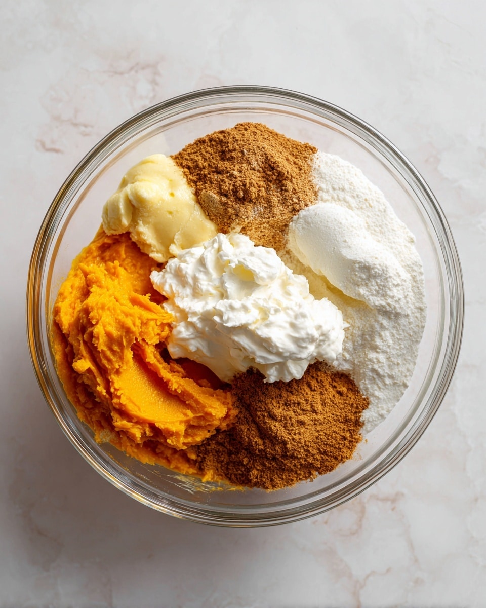 A clear glass mixing bowl sits on a white marbled surface. Inside, there are five distinct layers from left to right: bright orange pumpkin puree with a soft, smooth texture; light yellow whole eggs with a slightly glossy look; a pile of white sweetener powder that looks fine and grainy; a heap of light brown pumpkin spice with a powdery texture, and two large dollops of rich, creamy white cream cheese. The ingredients are arranged side by side without mixing. photo taken with an iphone --ar 4:5 --v 7