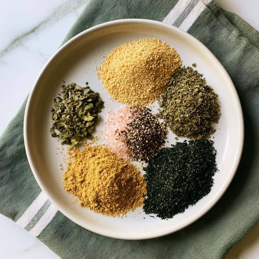 A white plate holds five piles of spices arranged in a flower shape with a small central mound. The center is coarse pink salt with mixed black and white pepper. Starting from the top and moving clockwise around the plate, there is a light yellow grainy powder, a loose green leafy herb, a finer golden-yellow powder, and a dark green leafy herb. The plate sits on a green cloth with two white stripes on a white marbled surface. Photo taken with an iphone --ar 4:5 --v 7