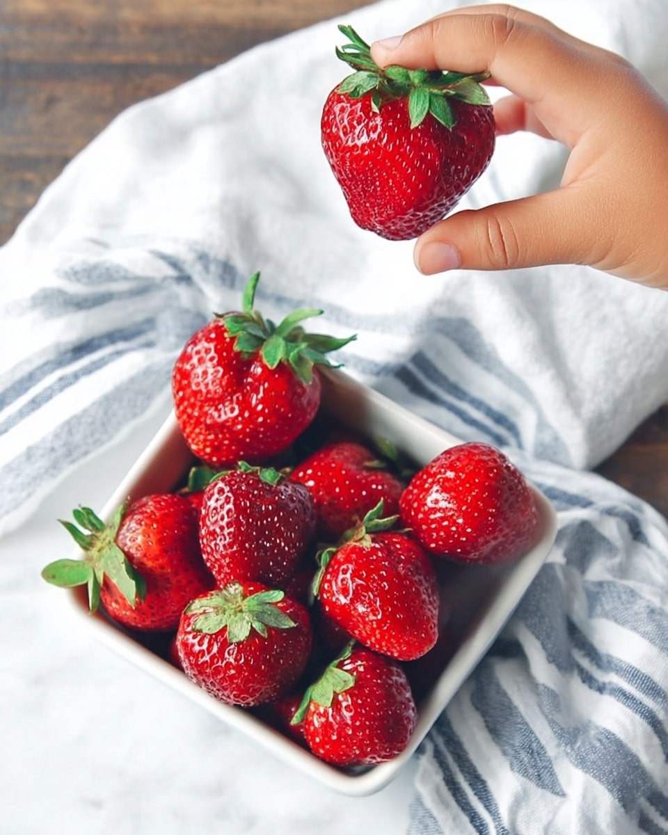 A woman's hand is holding a bright red strawberry with green leaves at the top, reaching toward a small white square bowl filled with many fresh, red strawberries that have green tops. The bowl sits on a white and blue striped cloth, all placed on a white marbled surface. The strawberries look shiny and fresh, showing small seeds and a smooth texture. photo taken with an iphone --ar 4:5 --v 7