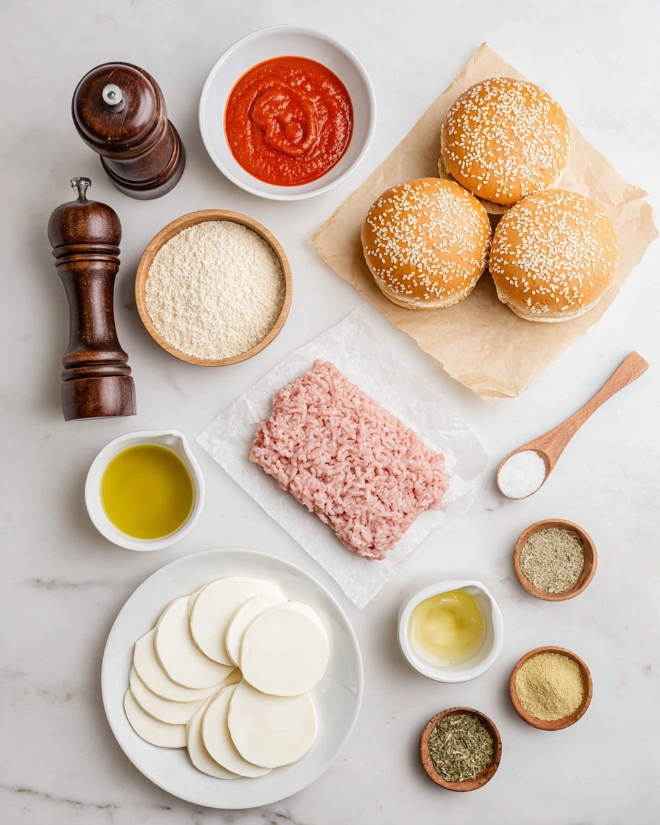 The image shows ingredients for making burgers, arranged on a white marbled surface. At the top right, there is a white plate holding three golden brown sesame seed burger buns, stacked closely together. Below to the center right, a flat layer of pale pink ground meat rests on parchment paper. To the left of the meat, a small white bowl holds bright red tomato sauce. Above that, a wooden bowl filled with light beige breadcrumbs sits near a dark wooden pepper grinder and salt shaker. Below the meat, a white plate displays several smooth, round slices of white mozzarella cheese. To the right of the meat, a small white cup contains golden yellow olive oil. Additionally, there are three small wooden spoons with dried green herbs, light yellow powder, and a different yellow powder near the bottom right. A wooden bowl with white grated cheese sits in the middle bottom. The setup is neatly organized on the white marbled surface for a clean look. photo taken with an iphone --ar 4:5 --v 7
