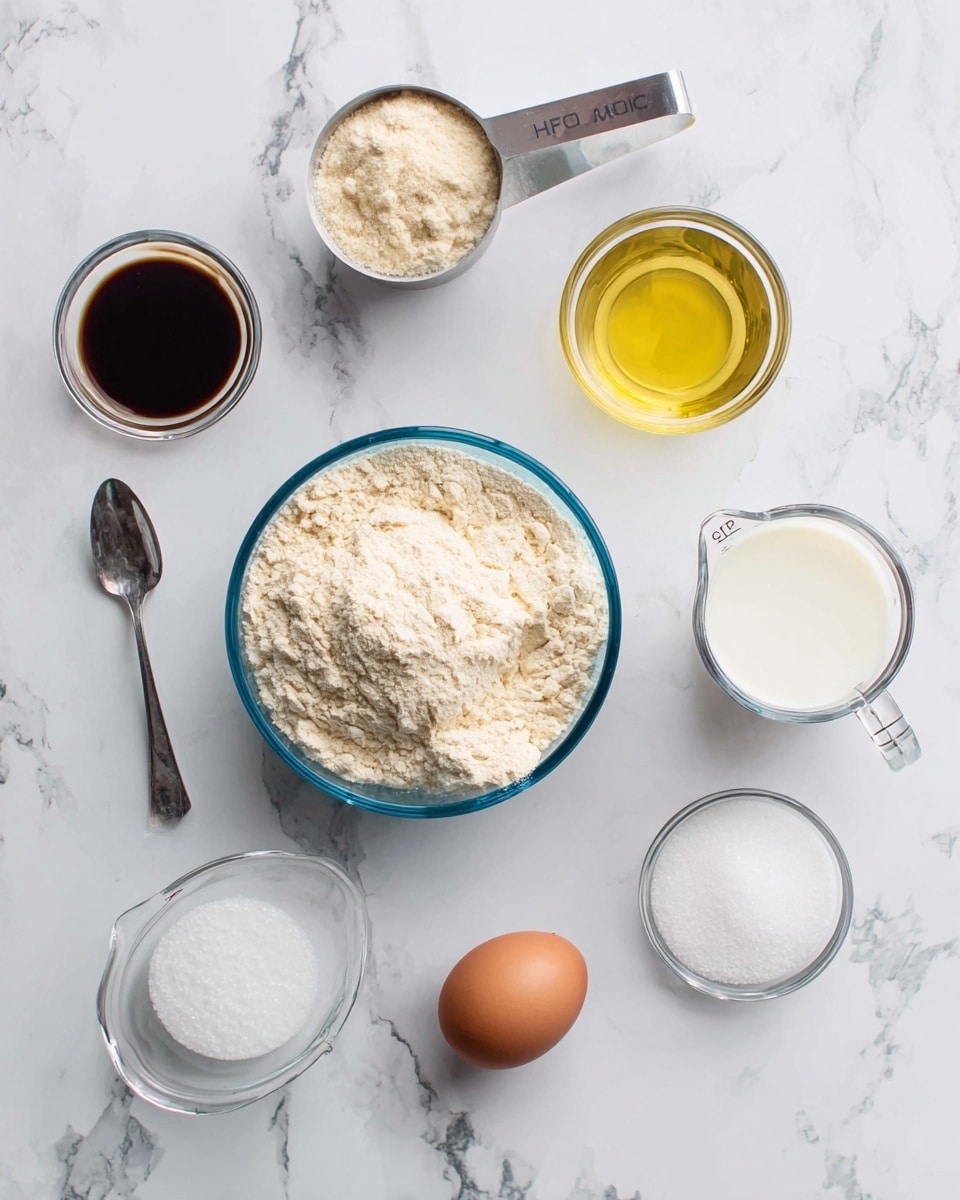 The image shows a white marbled surface with several small bowls and containers holding different baking ingredients. In the center is a blue glass bowl filled with light beige flour. To the top left of it is a small glass bowl with dark brown liquid and a silver teaspoon in it. Next to this at the top center is a silver measuring cup filled with yellow oil. To the right of the oil is a clear plastic measuring cup with white milk. Below this is a small clear glass with white frothy liquid. At the bottom right is a brown egg placed directly on the white marbled surface. Below the flour is a small clear bowl with white powder and a small bowl with white granulated sugar to the right. At the bottom left is a small silver spoon resting inside a white bowl. Everything is arranged neatly as baking ingredients. Photo taken with an iphone --ar 4:5 --v 7