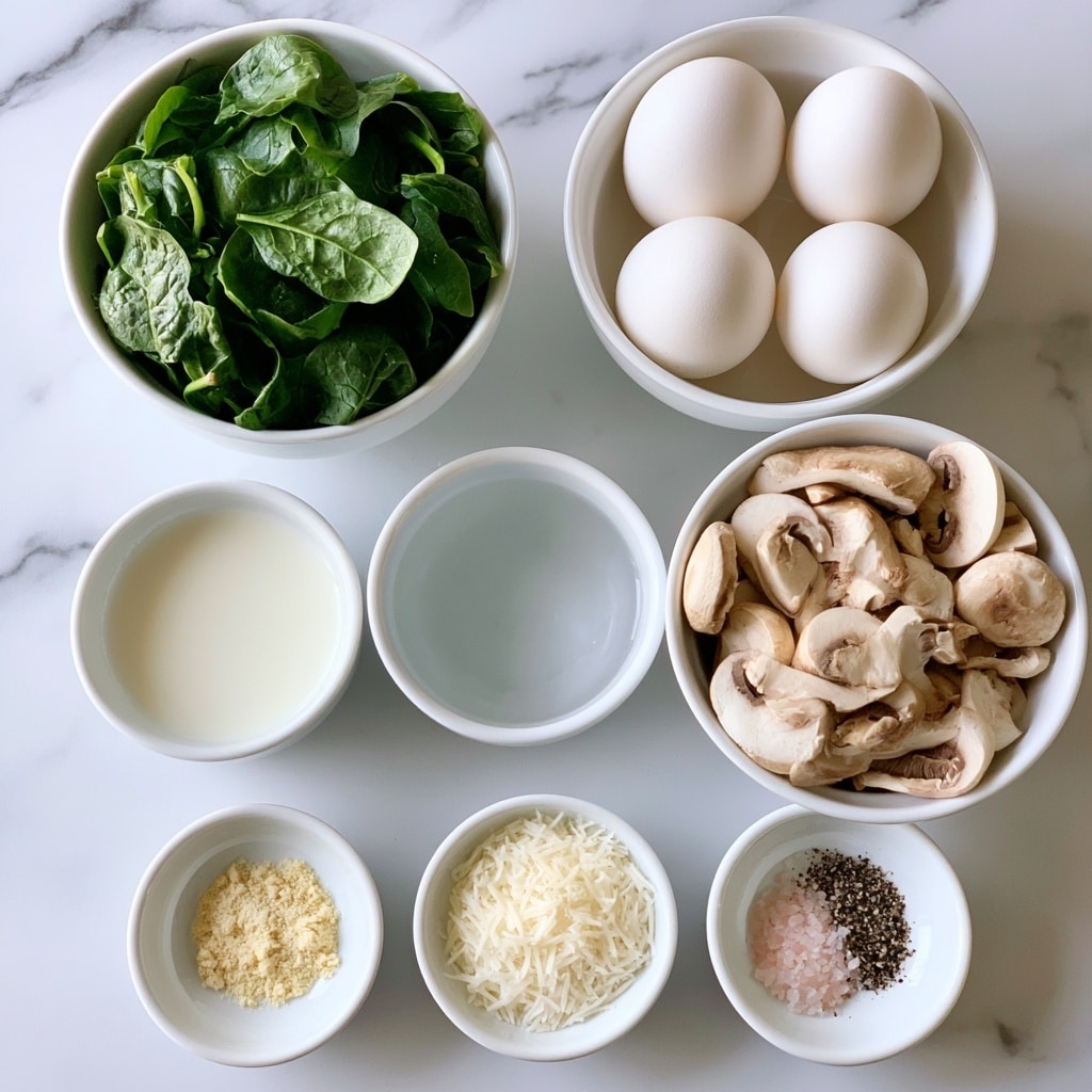 There are eight white bowls on a white marbled surface. The top left bowl is filled with fresh green spinach leaves. Next to it on the right is a bowl holding four whole white eggs. Below the spinach is a small bowl with white creamy milk. To its right is an empty bowl with clear water. To the right of that is a bowl full of light brown sliced mushrooms. Below these are three small bowls, the left one with light yellow garlic powder, the middle one with grated white Parmesan cheese, and the right one with a mix of pink salt and black pepper. photo taken with an iphone --ar 4:5 --v 7
