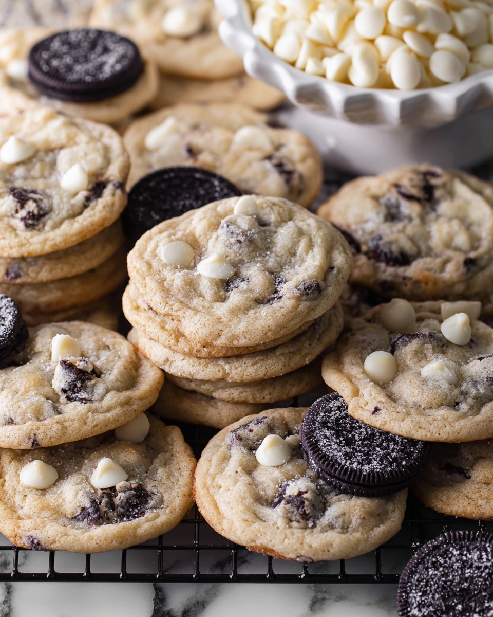Eight round cookie dough balls are placed in two vertical columns on a white marbled surface covered with parchment paper. Each dough ball shows a mix of light brown and specks of dark cookie crumbs, with irregular dark cookie chunks and white chocolate chips scattered on top, creating a textured look. The dough balls are spaced evenly with small cookie crumb bits sprinkled around them on the paper. photo taken with an iphone --ar 4:5 --v 7