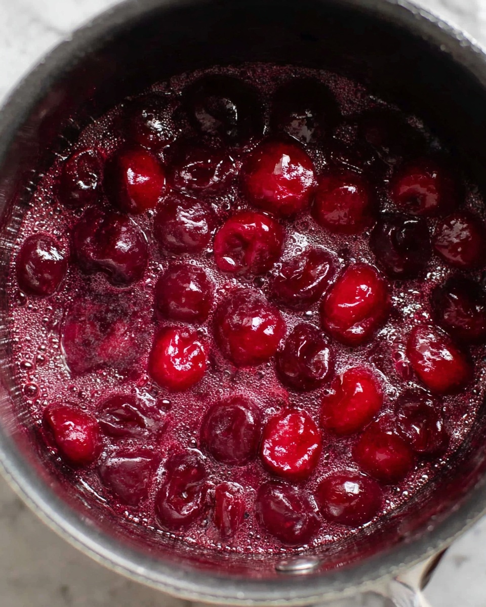 The image shows a close-up of a pot filled with dark red cherry pieces simmering in a thick, shiny sauce. The cherries are soft with some split open, revealing their juicy, pulpy insides. The sauce around them is glossy and deep red, slightly frothy at the edges. The pot's inside is dark, contrasting with the bright red cherry mixture, and the surface beneath the pot is white marbled texture. photo taken with an iphone --ar 4:5 --v 7