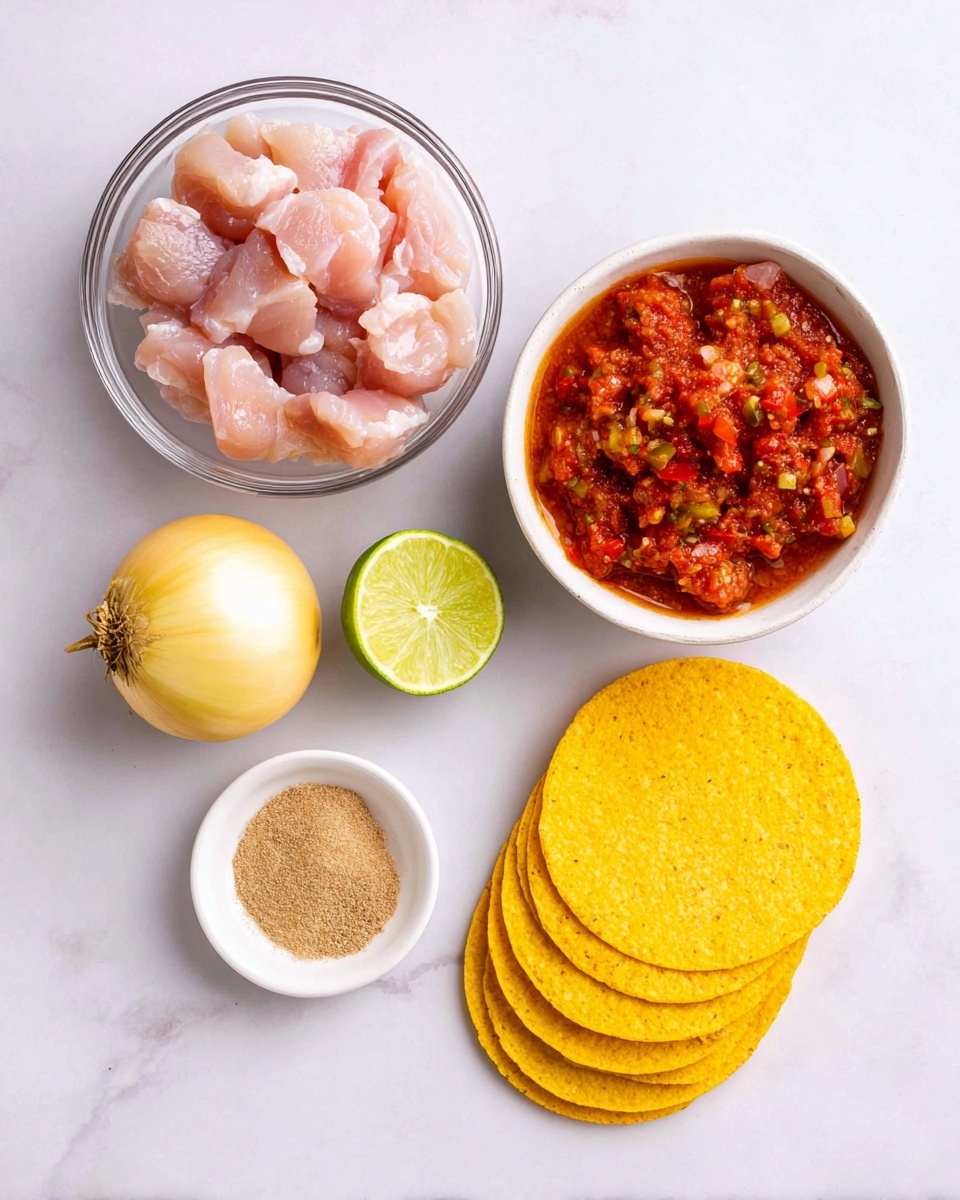 The image shows several cooking ingredients placed on a white marbled surface. There is a clear glass bowl filled with raw light pink chicken pieces in the top left. To the right, there is a white bowl filled with chunky red salsa containing bits of green peppers. Below the bowls is a halved lime with a bright green interior. On the bottom left corner, a whole yellow onion with a smooth texture is placed. Toward the bottom right, three crispy yellow corn taco shells are stacked, showing their curved shape. In the center bottom, a small white bowl contains a light brown powdered spice. Photo taken with an iphone --ar 4:5 --v 7