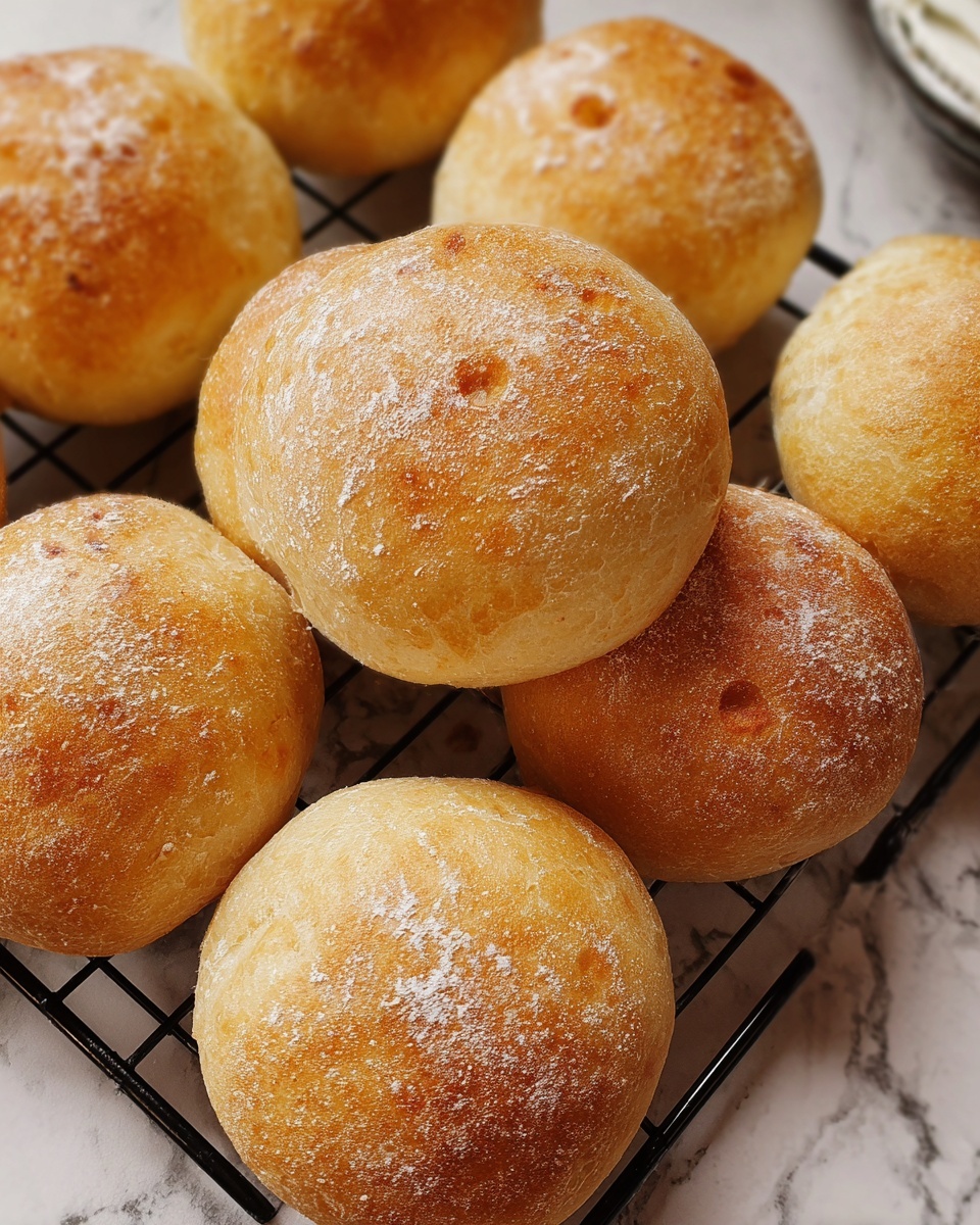 Several round, golden brown bread rolls with soft textured crusts and a light dusting of flour are placed on a black wire rack. The bread rolls have slight variations in color with some darker brown spots, indicating a baked finish. The background surface has a white marbled texture. photo taken with an iphone --ar 4:5 --v 7