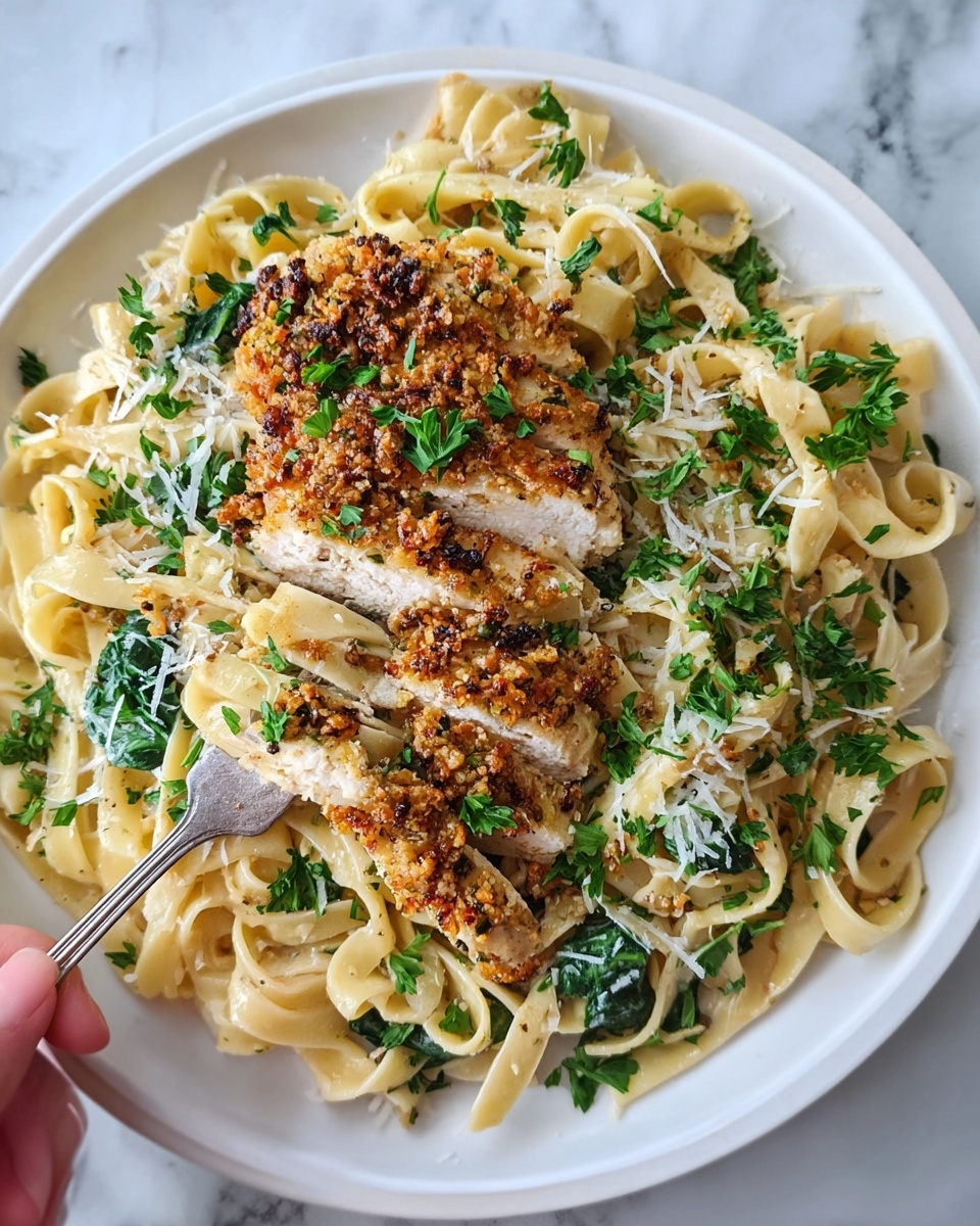 A white plate holds a bed of creamy, light yellow fettuccine pasta mixed with bright green spinach leaves. On top lies a sliced piece of golden-brown, crispy chicken with a textured crust of herbs and breadcrumbs. The chicken is sprinkled with small white shreds of cheese and chopped green parsley, adding contrast and freshness. A woman's hand holds a fork twirling some of the pasta on the left side of the plate. The background is a white marbled surface. Photo taken with an iphone --ar 4:5 --v 7