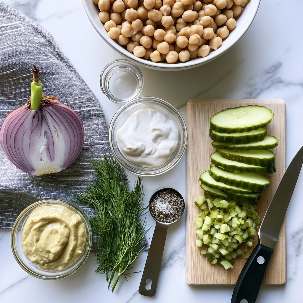 A top view of several ingredients arranged neatly on a white marbled surface: a halved red onion with a green sprout on the left on a grey striped cloth, a small glass bowl filled with light yellow mustard below it, a few sprigs of fresh green dill next to the bowl, a small glass bowl of thick white sauce near the center, a metal measuring spoon filled with salt and black pepper mixture, a wooden cutting board on the right with sliced green pickles stacked horizontally and finely diced pickles below, and a knife with a black handle resting diagonally on the board. Above the board is a white bowl filled with round beige chickpeas, and between the onion and cutting board is a small glass bowl with clear liquid. Photo taken with an iphone --ar 4:5 --v 7