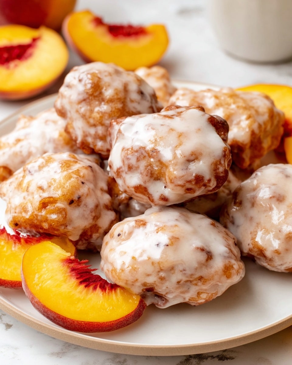 The image shows two peach muffins on a white round plate with one muffin broken open to reveal soft, light yellow cake inside and small bright orange peach pieces embedded within. Both muffins are topped with a shiny white glaze that has a smooth texture and slightly pools in some spots. In the background on a white round plate, there are more glazed muffins and two fresh peach slices with a vibrant orange color and smooth texture resting on the edge of the plate. The setting is on a white marbled surface with a glass of milk on the left side of the image. The overall colors are warm with the muffins' light brown edges and peach orange contrasting with the white glaze and plates. photo taken with an iphone --ar 4:5 --v 7