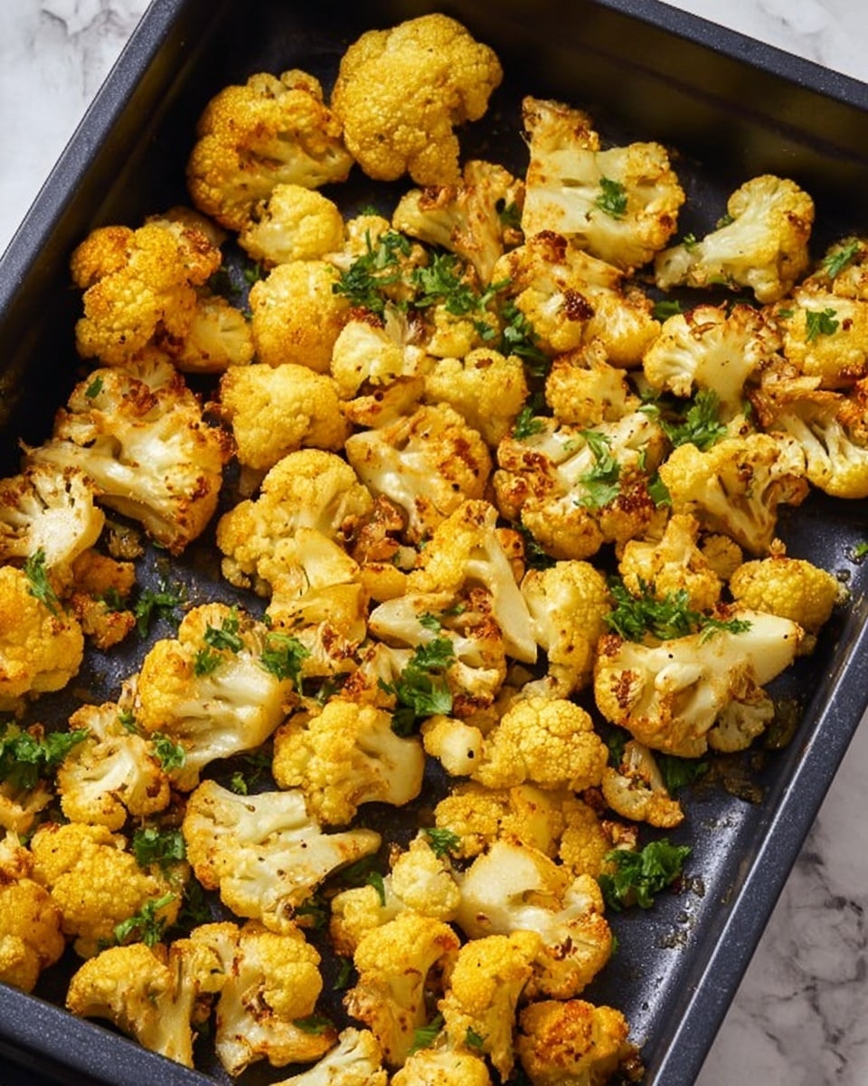 The image shows a black roasting pan filled with many pieces of roasted cauliflower. The cauliflower pieces vary in size and are golden yellow with some brown spots, showing they are well cooked. Small green parsley leaves are sprinkled evenly over the cauliflower, adding a fresh touch. The pan is placed on a white marbled surface, and the texture of the cauliflower looks slightly crispy on the edges with soft sides. photo taken with an iphone --ar 4:5 --v 7