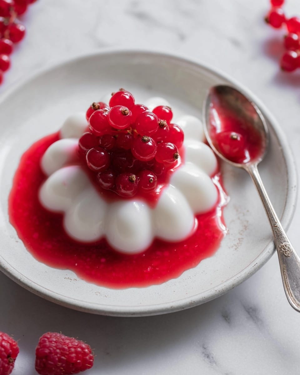 A smooth, shiny, white panna cotta dessert with one bite taken from the front, topped with bright red berry sauce that drips down the sides, sitting on a white plate with small blue and red speckles. On top of the panna cotta, three round red currants rest, while two raspberries sit on the left side of the plate. The background has a soft white marbled texture with some out-of-focus berries in the distance. Photo taken with an iphone --ar 4:5 --v 7
