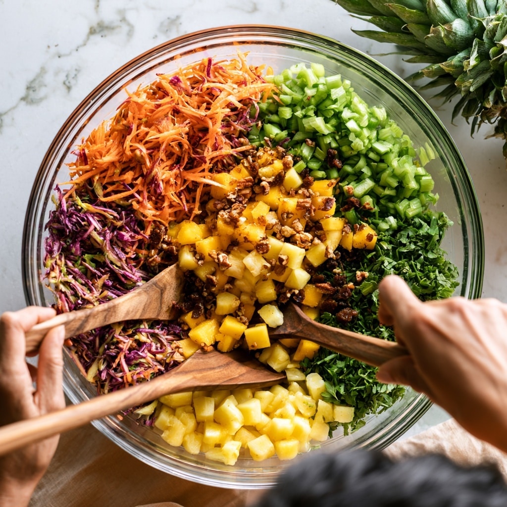 A clear glass bowl sits on a white marbled surface holding a colorful mixed salad with four visible layers: shredded orange and purple carrots on the left, chopped green celery and fresh green herbs on the right, golden yellow cubed pineapple pieces scattered in the middle with small brown bits of walnuts or pecans on top, and small dark brown dried fruit mixed in. Two wooden spoons are in the bowl, held by a pair of hands, one of which is a woman's hand, casually stirring the salad. In the top right corner, a piece of pineapple with green spiky leaves is visible. The lighting is bright and natural, highlighting the fresh textures. Photo taken with an iphone --ar 4:5 --v 7