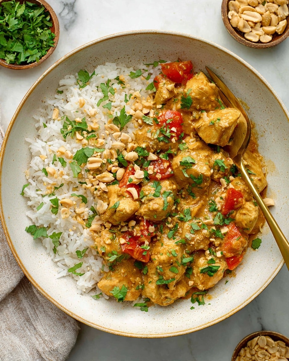 A round white shallow bowl contains two main layers: on the left side, a bed of white cooked rice with soft, separate grains; on the right side, chunks of light brown creamy chicken curry mixed with small bright red tomato pieces and sprinkled with chopped fresh green cilantro and crushed light beige peanuts. A gold-toned fork rests inside the bowl, partially immersed in the curry. The bowl sits on a white marbled surface with small bowls of peanuts and fresh cilantro nearby. Photo taken with an iphone --ar 4:5 --v 7
