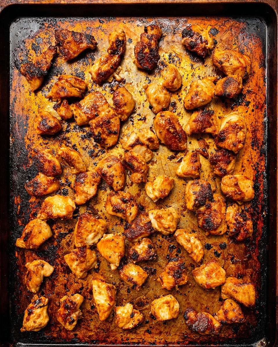 This image shows a black metal baking tray filled with many small, browned pieces of chicken scattered all over it. Each piece has a golden to dark brown exterior with some parts slightly charred, showing a cooked texture with a mix of smooth and crispy spots. The tray itself has a stained, rusty-orange color with burnt bits and grease marks spread throughout the surface, especially around the edges. The overall look is rustic and well-used, focusing on the cooked chicken pieces. photo taken with an iphone --ar 4:5 --v 7