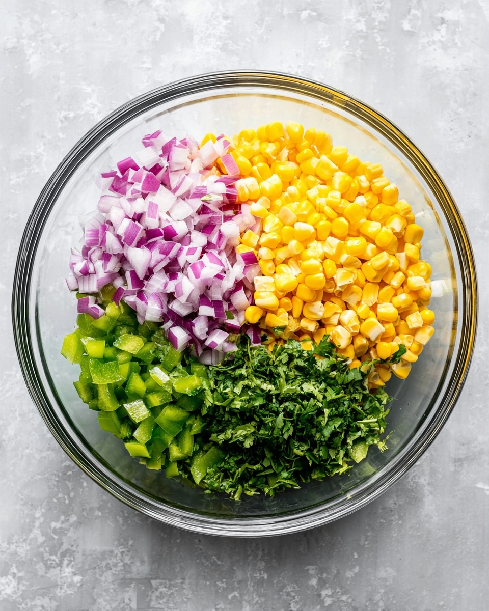 A clear glass bowl sits on a white marbled surface, filled with four separate layers of diced ingredients arranged side by side: bright yellow corn kernels forming the largest group in the top right, finely chopped purple and white red onion in the top left, small green pieces of bell pepper bottom left, and chopped fresh green cilantro bottom right. The textures are crisp and fresh, with the colors contrasting nicely against the glass bowl and white marbled background. photo taken with an iphone --ar 4:5 --v 7