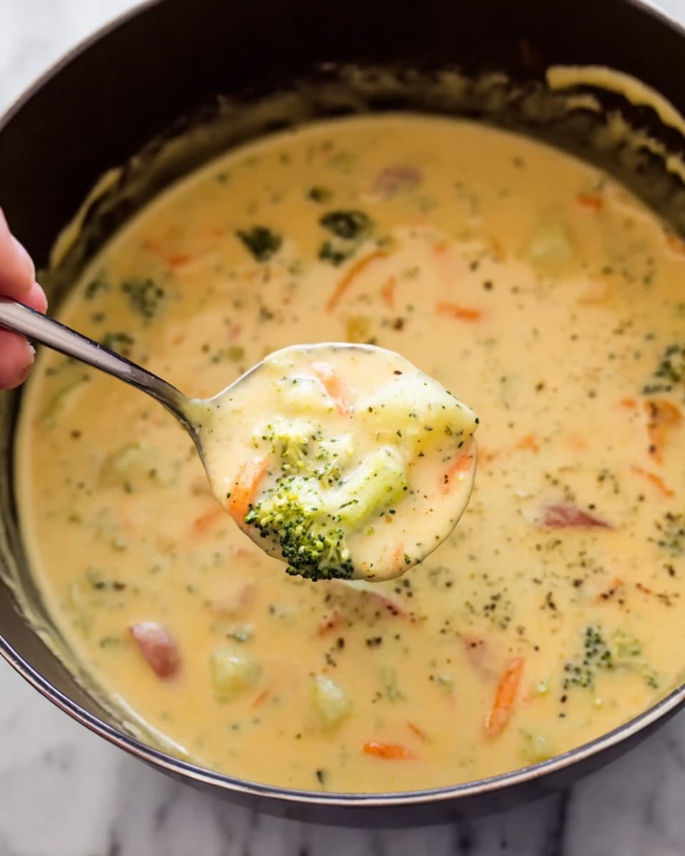 A close-up view shows a creamy thick soup with a smooth, pale yellow base filled with small broccoli florets, orange carrot slices, and pieces of potato evenly mixed throughout. A silver spoon, held by a woman's hand, lifts a portion of the soup, highlighting the chunky vegetables and creamy texture. The soup is inside a dark pot with splashes of the creamy mixture on the sides, all set against a white marbled surface. photo taken with an iphone --ar 4:5 --v 7