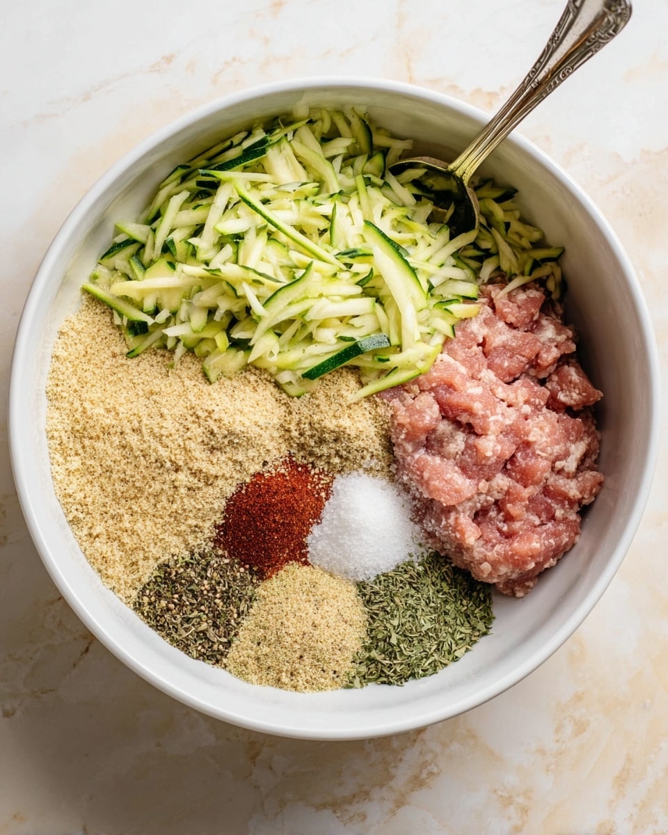 A white bowl sits on a white marbled surface, filled with layers of ingredients that include shredded green zucchini on the left, light brown breadcrumbs above it, and raw pink ground meat on the right with a silver spoon resting partially inside. Between these main ingredients are small piles of spices and seasonings arranged in separate spots: a deep red powder, black pepper, beige powder, white salt, and dried green herbs. Each component is distinct, showing clear texture differences from finely shredded zucchini to the slightly coarse breadcrumbs and smooth ground meat photo taken with an iphone --ar 4:5 --v 7