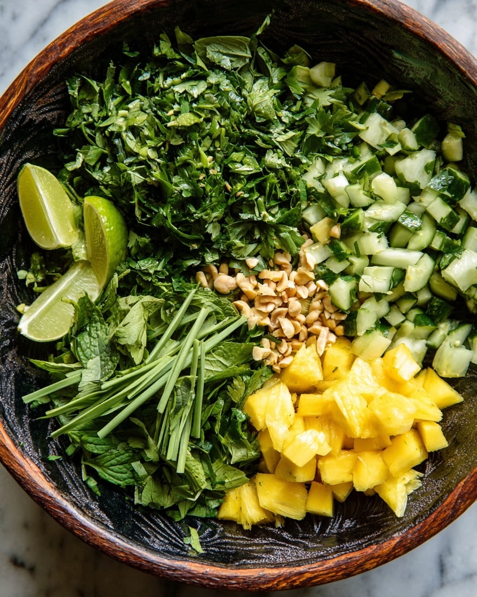 A deep bowl holds a fresh salad with layers of bright green chopped herbs spread across the top, mixed with diced pale green cucumber chunks. To the side, there is a small pile of chopped light brown nuts with green herb leaves next to it. Near the edge, there are bright yellow cubed pieces of fruit and two wedges of light green lime, all sitting against the dark decorative bowl's inside, placed on a white marbled surface. The textures vary from the soft leaves to the firm fruit and crunchy nuts, creating a colorful and fresh look photo taken with an iphone --ar 4:5 --v 7