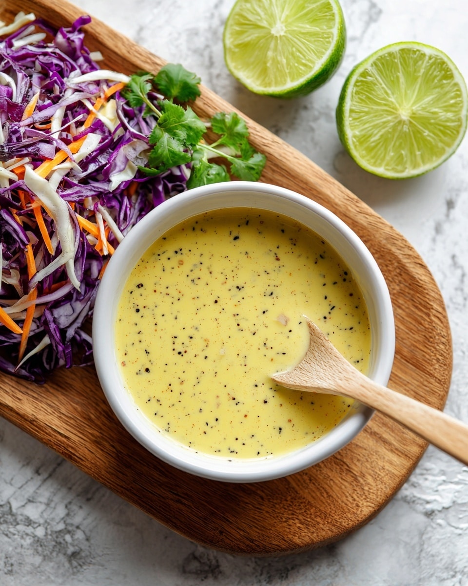 A white bowl filled with a smooth, light yellow sauce with tiny black and yellow specks throughout. Inside the bowl, a light wooden spoon rests with its handle extending out. Behind the bowl on a wooden board are two halves of a lime showing fresh green segments. To the left, some fresh green herbs and mixed shredded purple and white cabbage with a few orange pieces are partially visible on the wooden board. The entire scene is set on a surface with a white marbled texture. photo taken with an iphone --ar 4:5 --v 7