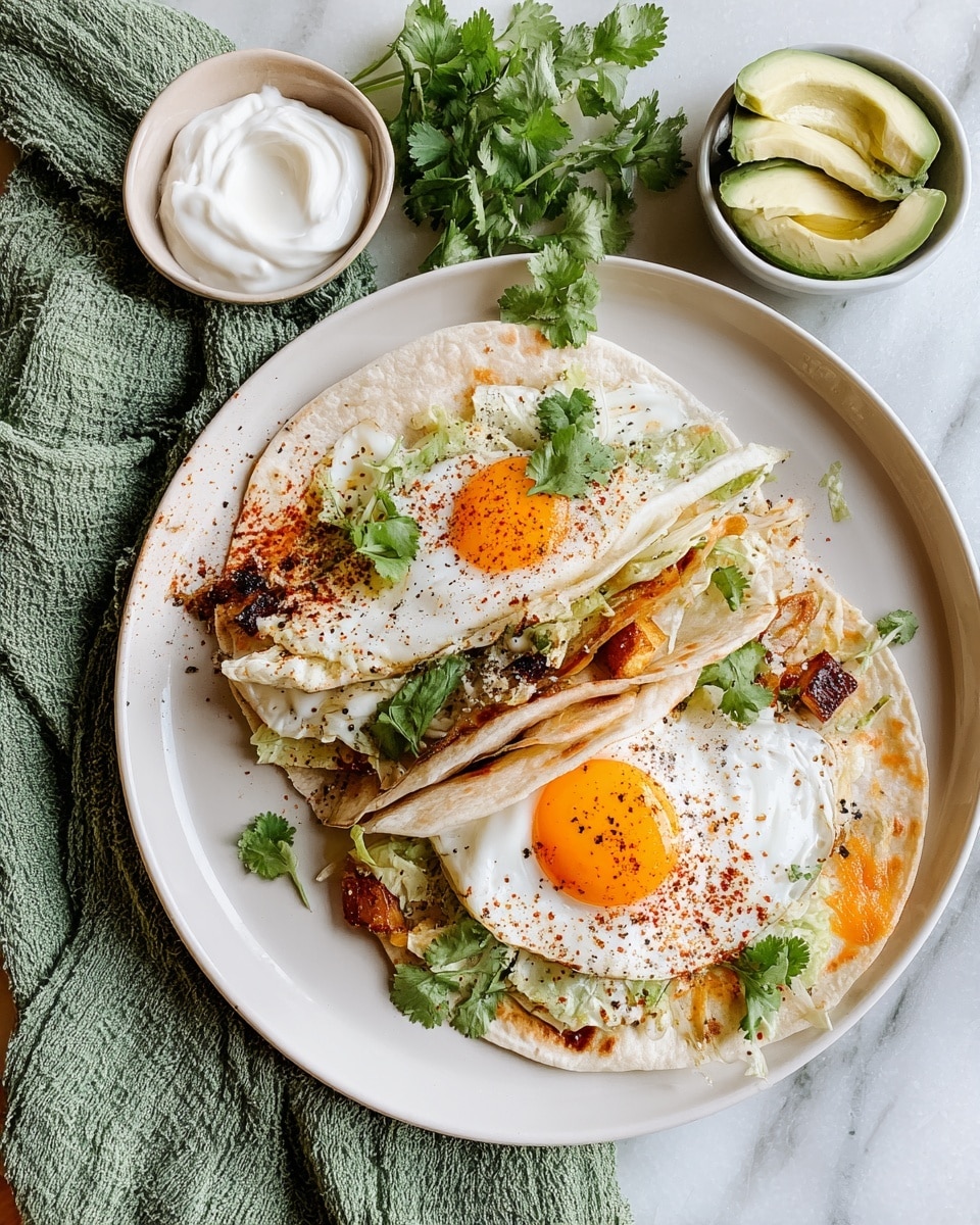 A white plate holds two soft flour tortillas folded in the middle, each filled with two layers: the first layer is crispy, golden-brown cooked lettuce, and the second layer is melted, golden cheese visible on the edges. On top of each tortilla is a sunny-side-up egg with a bright yellow yolk and slightly crispy edges, seasoned with black pepper. Brown toasted potato cubes and fresh green cilantro leaves are scattered around the tortillas and eggs on the plate. The plate sits on a white marbled surface with a loose green cloth underneath. Nearby are two small white dishes, one holding smooth white cream and the other thin avocado slices garnished with cilantro. Photo taken with an iphone --ar 4:5 --v 7
