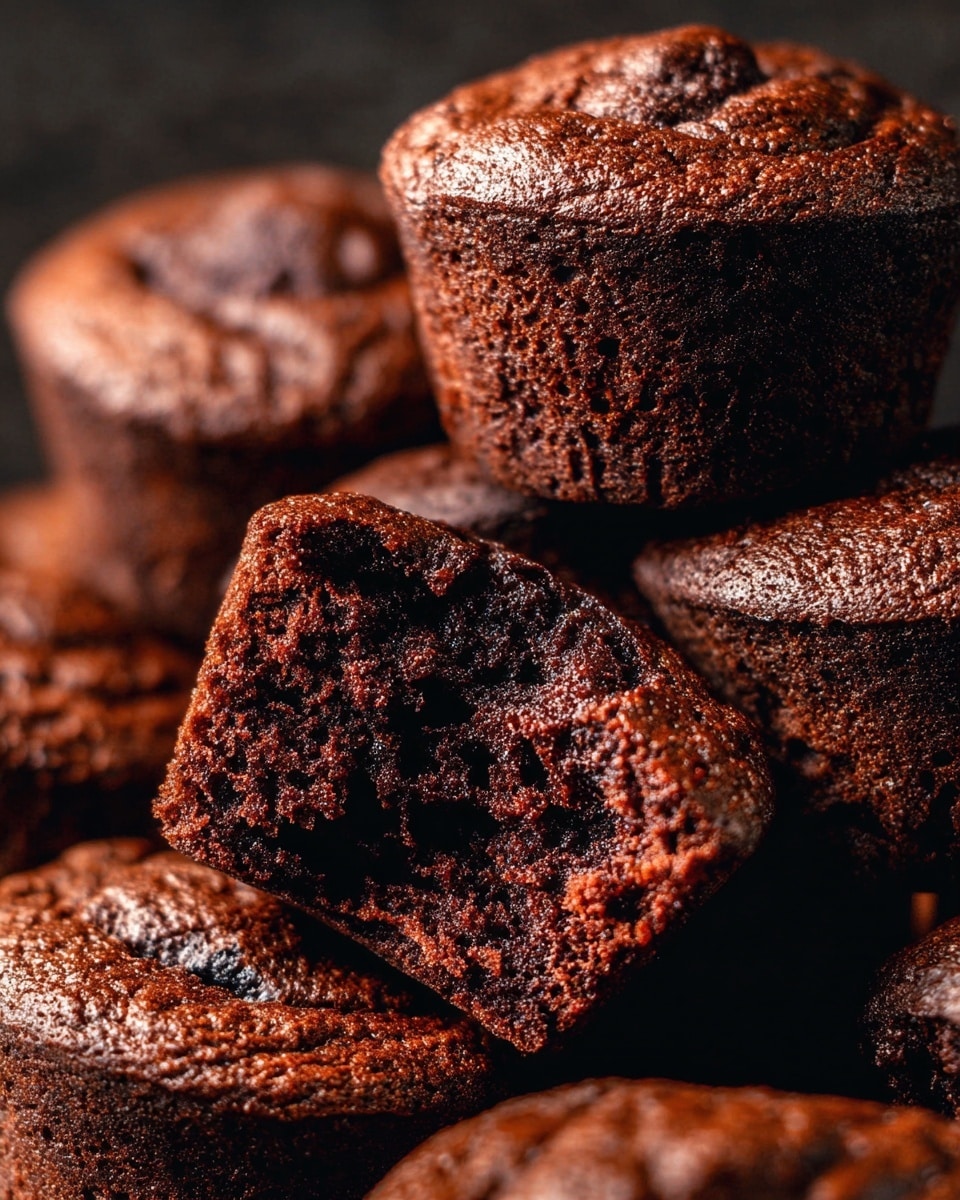 A close-up image of several dark brown chocolate muffins stacked closely together, with the front muffin showing a bite taken out, revealing a rich, moist inside layer with a slightly lumpy texture, while the top layers are dry and cracked with a rough surface, all set against a black background that contrasts their deep brown color, photo taken with an iphone --ar 4:5 --v 7